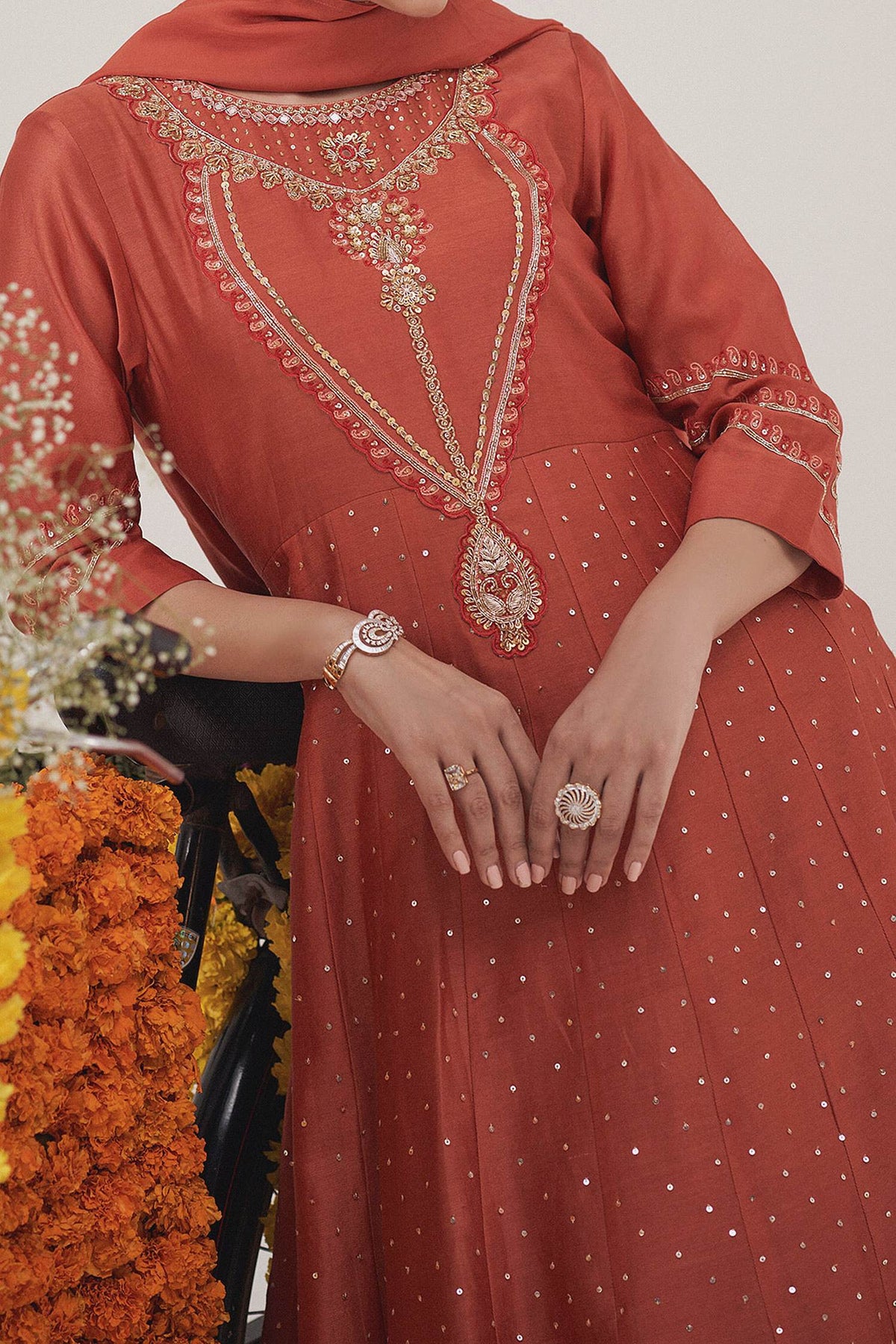 Hirika & Dhruti Orange Anarkali Silk Chanderi, Dupatta Organza, Pant Hand Embroidered Set For Kids Online at Aza Fashions