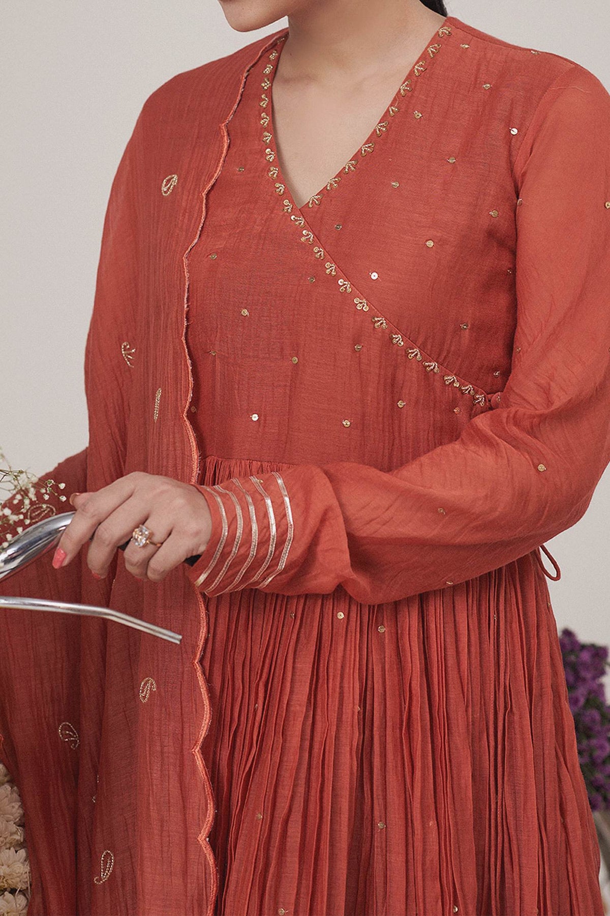Buy Hirika & Dhruti Orange Malai Chanderi Zardosi, Metal Tikki Embroidered Anarkali Pant Set For Kids Online at Aza Fashions
