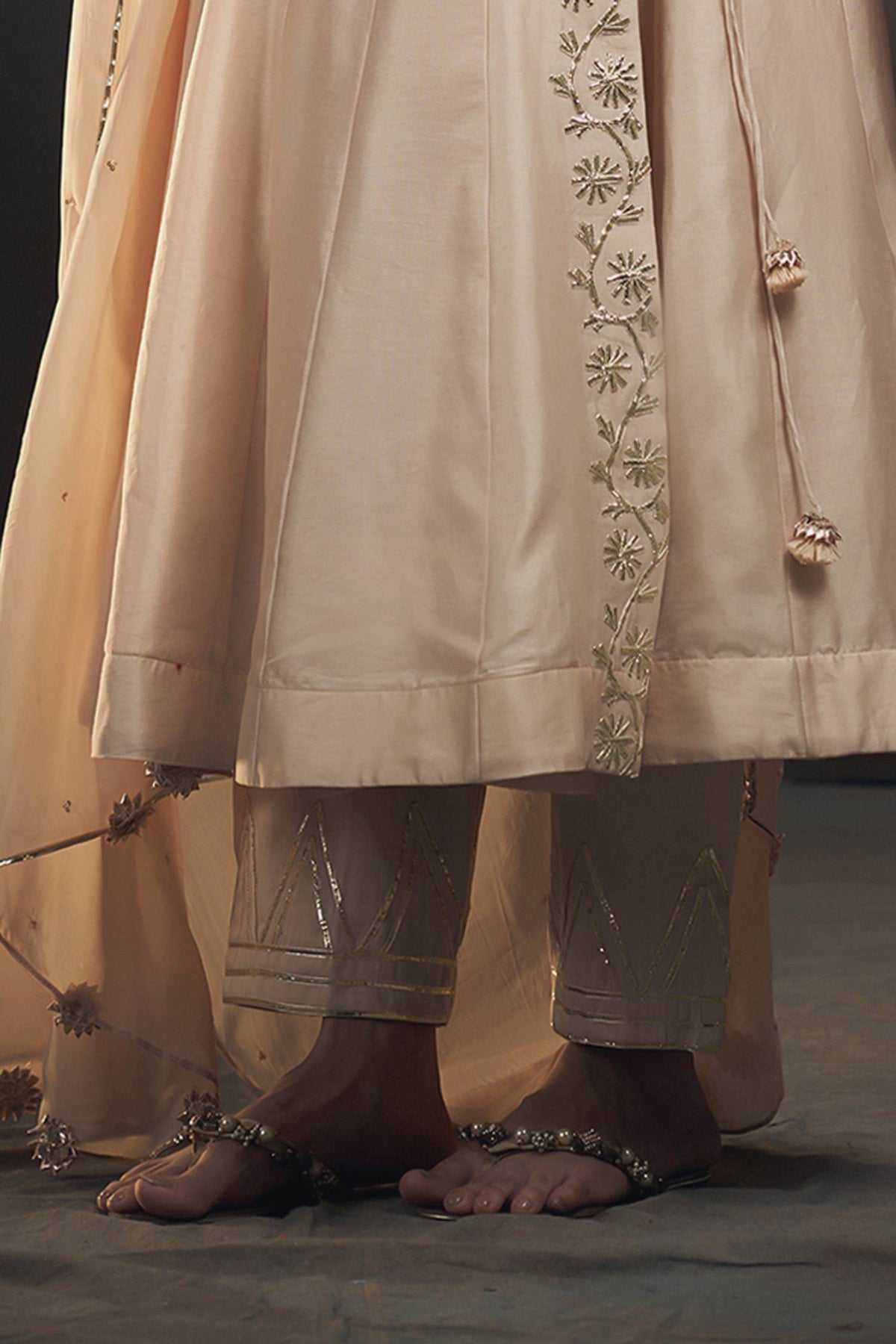 Hirika & Dhruti Beige Dupatta Organza, Pant Cotton, Silk Chanderi Gota, Work Angarkha Set For Kids Online at Aza Fashions