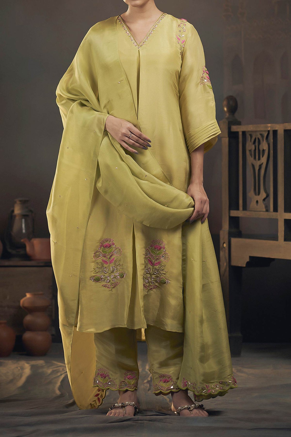 Buy Hirika & Dhruti Green Tissue Floral Butta Embroidered Kurta Pant Set For Kids Online at Aza Fashions