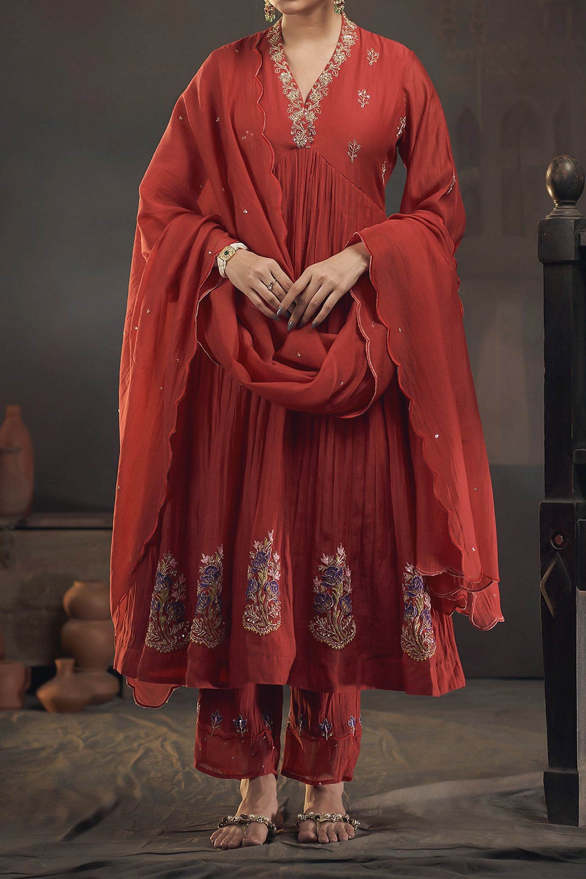 Shop Hirika & Dhruti Red Chanderi Floral, Marodi Embroidered Anarkali Pant Set For Kids Online at Aza Fashions