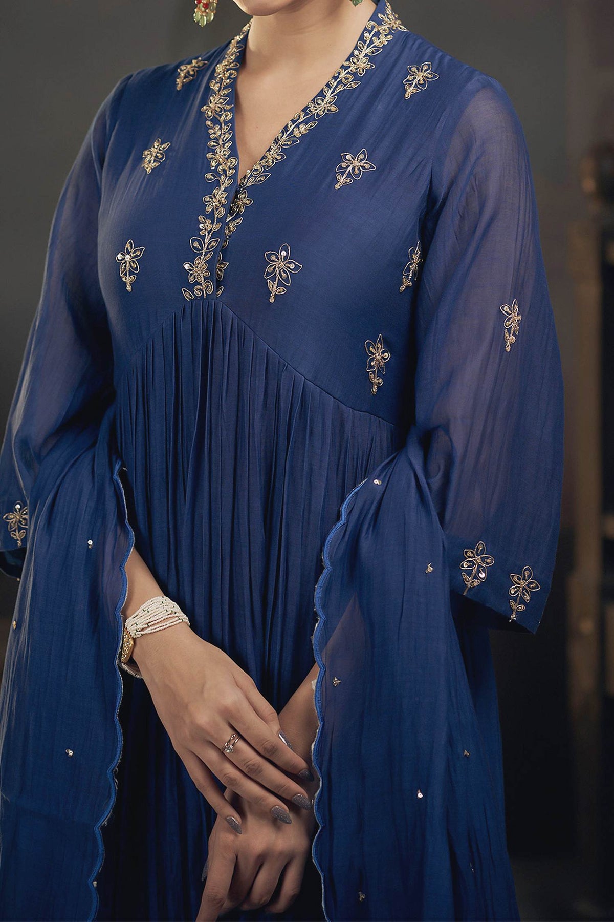 Hirika & Dhruti Blue Chanderi Floral, Marodi Embroidered Anarkali Set For Kids Online at Aza Fashions