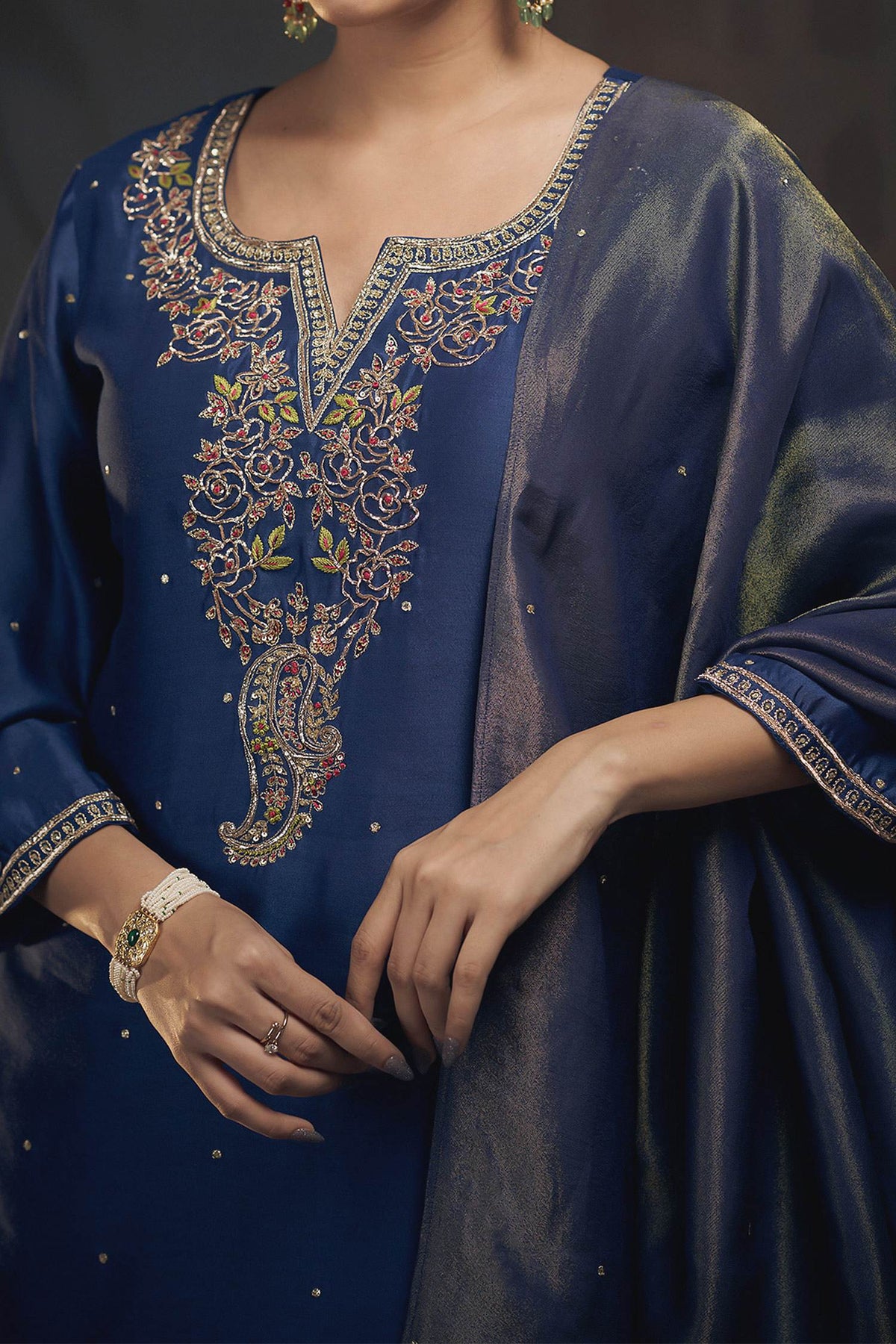 Hirika & Dhruti Blue Tissue Pita, Rose Embroidered Kurta Sharara Set For Kids Online at Aza Fashions