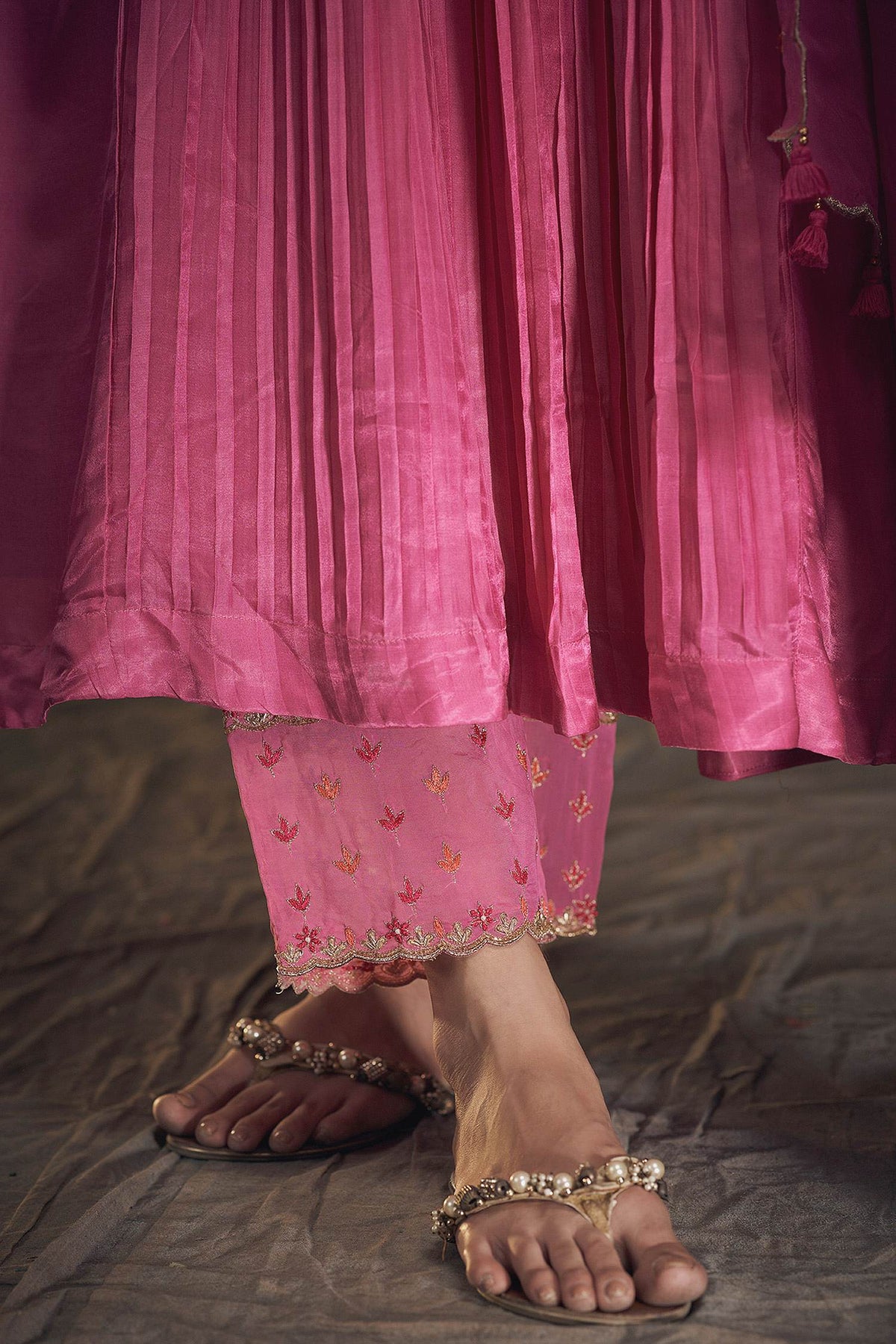 Hirika & Dhruti Pink Dupatta Organza, Pant Cotton, Kurta Gajji Silk Embroidered Pleated Set For Kids Online at Aza Fashions