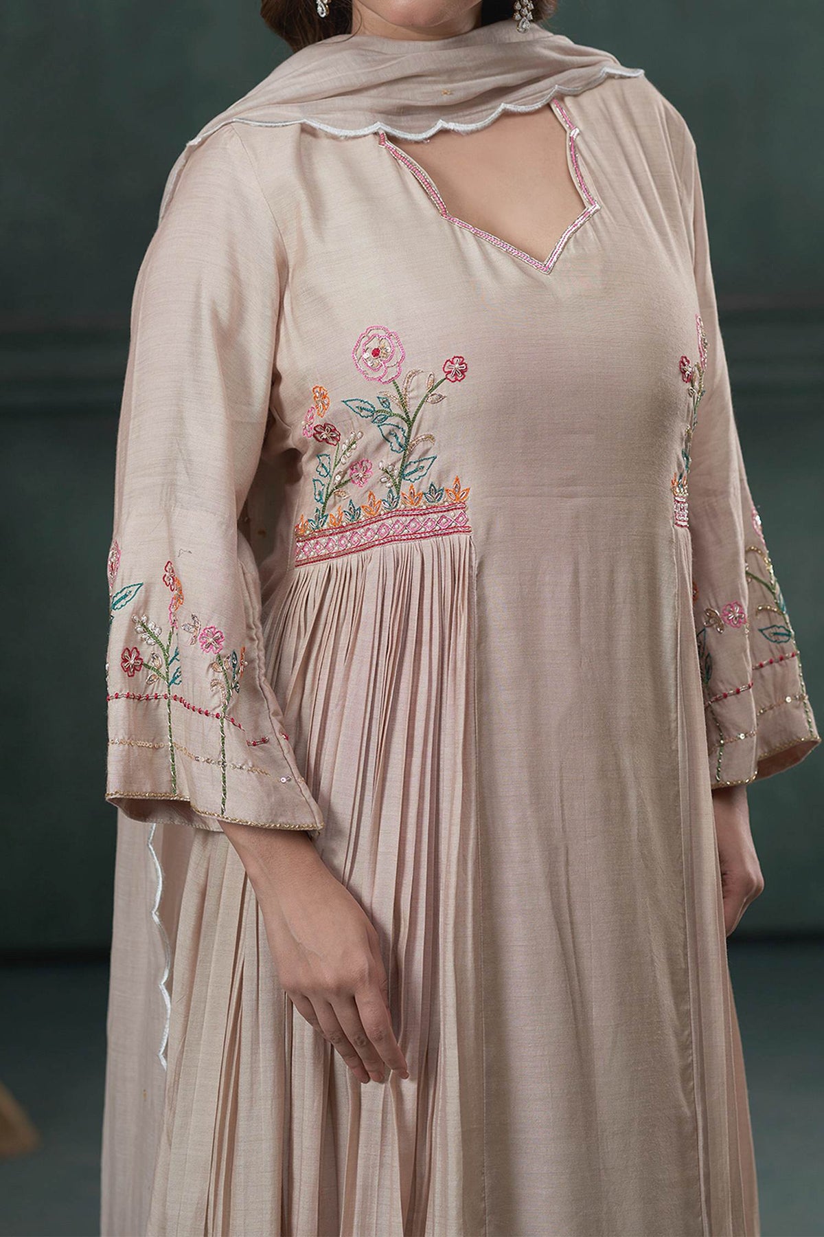 Buy Hirika & Dhruti Beige Dupatta Chanderi, Pant Cotton, Thread Hand Embroidered A-line Set For Kids Online at Aza Fashions