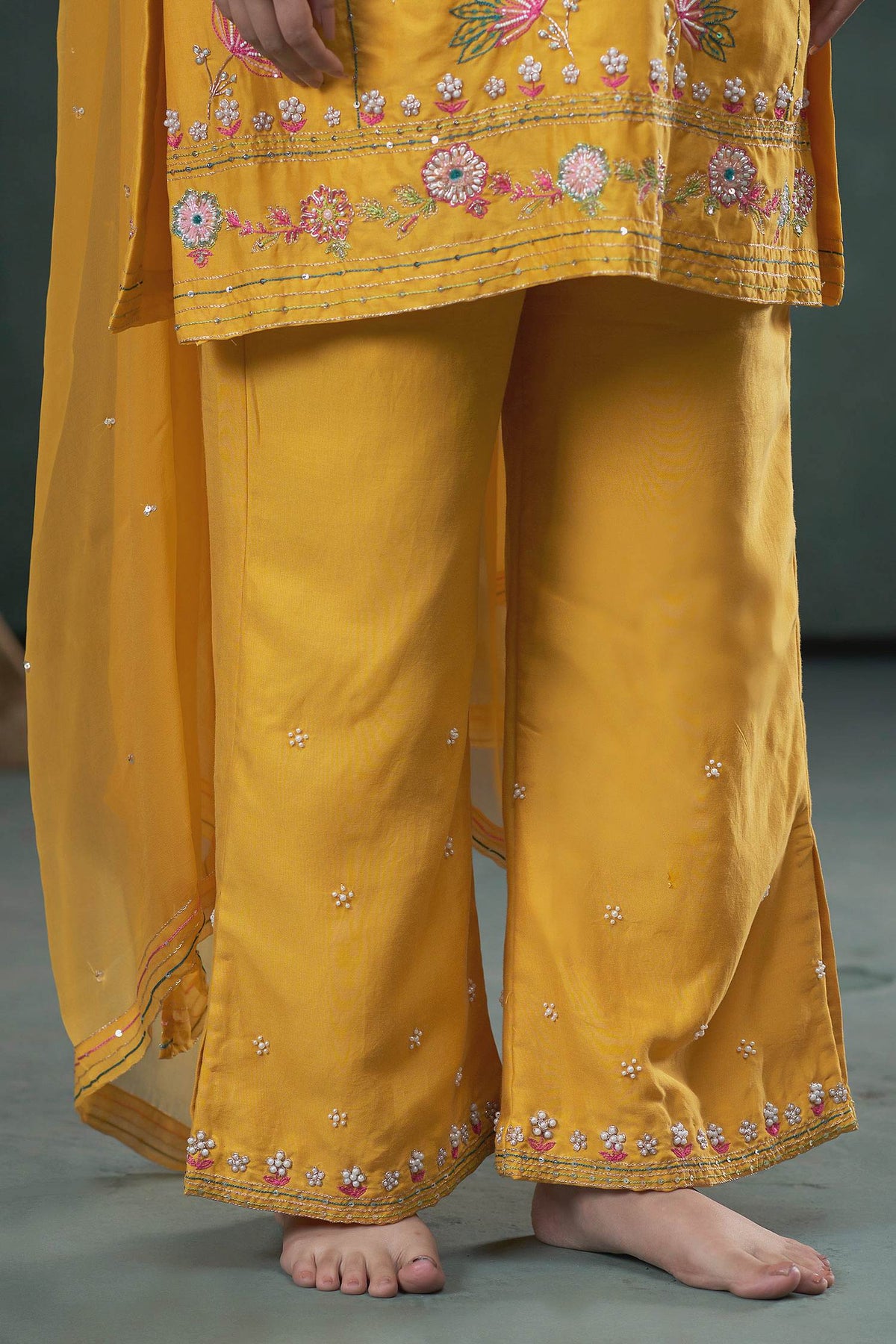 Hirika & Dhruti Yellow Kurta And Pant Chiniya Silk, Dupatta Hand Embroidered Short Set For Kids Online at Aza Fashions