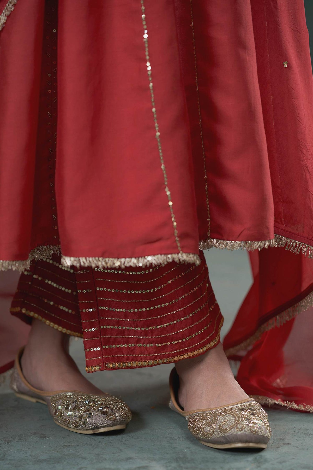 Shop Hirika & Dhruti Red Anarkali And Pant Silk, Dupatta Organza Sequin Embroidered Set For Kids Online at Aza Fashions