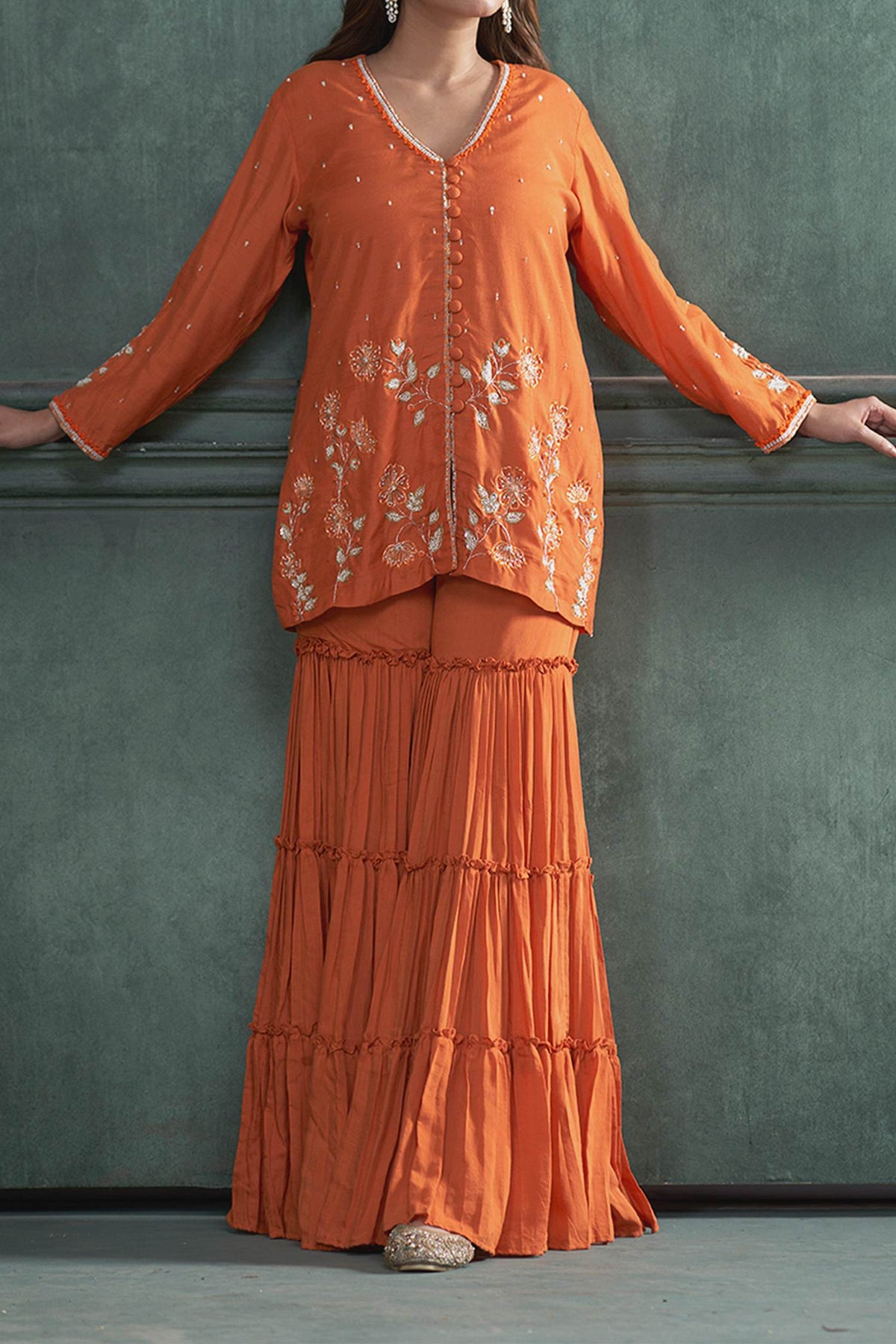 Hirika & Dhruti Orange Dupatta Organza Silk, Kurta And Sharara Floral Embroidered Short Set For Kids Online at Aza Fashions