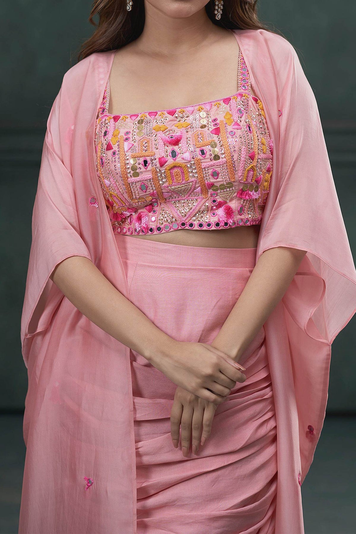 Buy Hirika & Dhruti Pink Jacket Silk Organza, Blouse And Skirt Monga Tassel Embroidered Draped Set For Kids Online at Aza Fashions