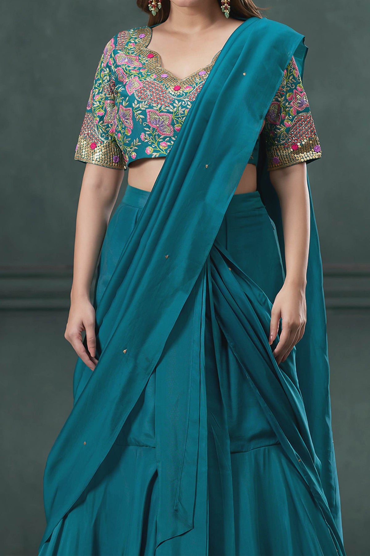 Hirika & Dhruti Green Ghagra And Blouse Cotton Silk, Drape Embroidered Pre-draped Saree Set For Kids at Aza Fashions