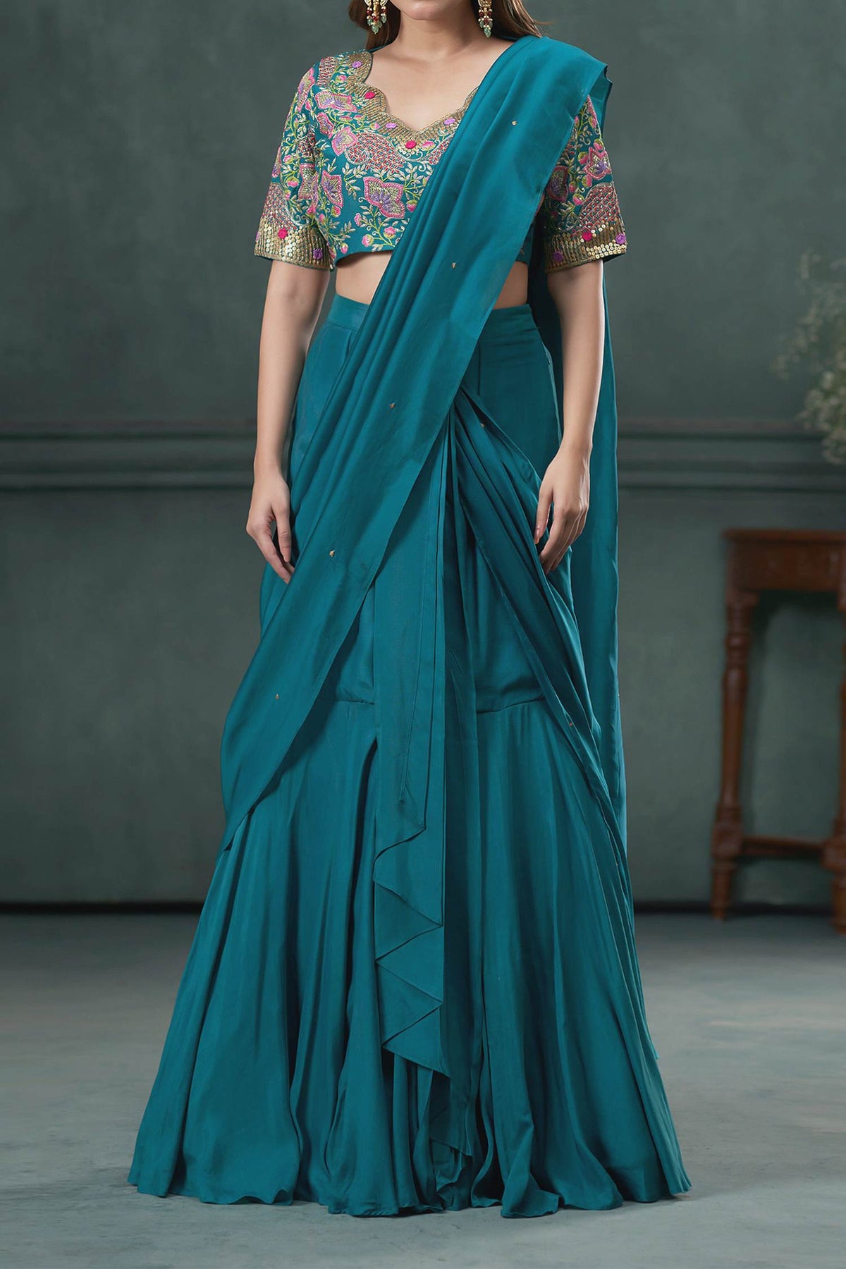 Buy Hirika & Dhruti Green Ghagra And Blouse Cotton Silk, Drape Embroidered Pre-draped Saree Set For Kids Online at Aza Fashions