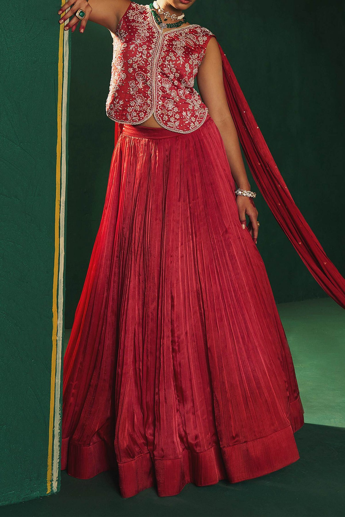 Hirika & Dhruti Red Moti Embroidered Fusion Lehenga Set For Kids Online at Aza Fashions