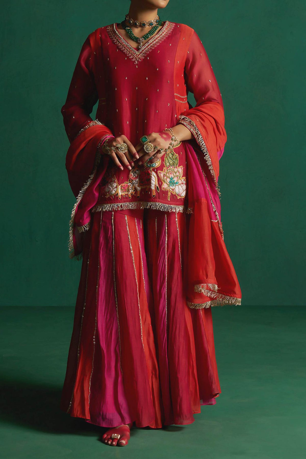 Hirika & Dhruti Red Two Tone Pichwai Patchwork Kurta Sharara Set For Kids at Aza Fashions