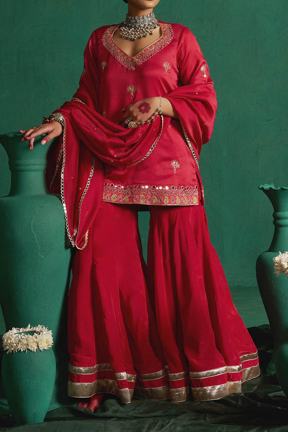 Hirika & Dhruti Red Hand Embroidered Kurta Set With Dupatta For Kids Online at Aza Fashions