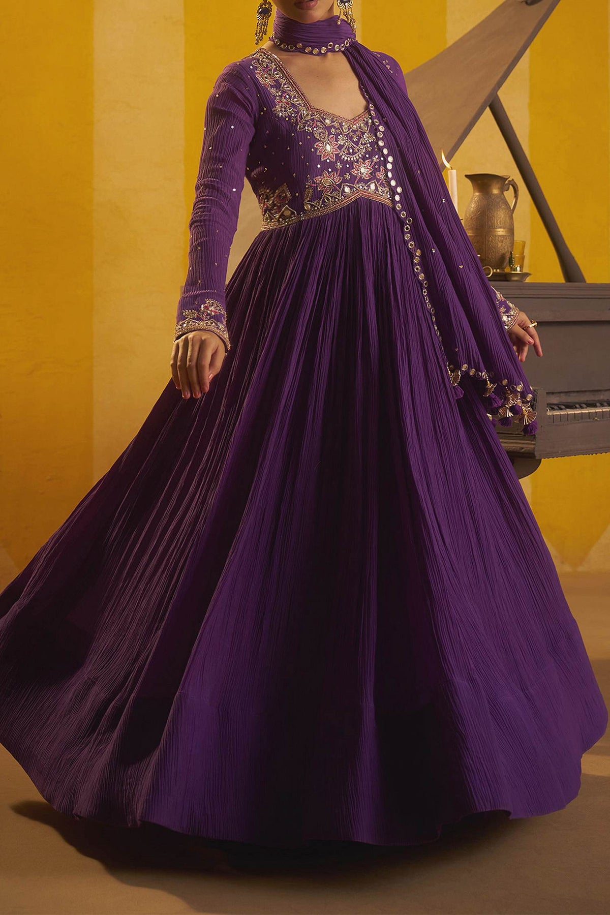 Hirika & Dhruti Purple Hand Pleated Anarkali And Mirror Dupatta For Kids Online at Aza Fashions