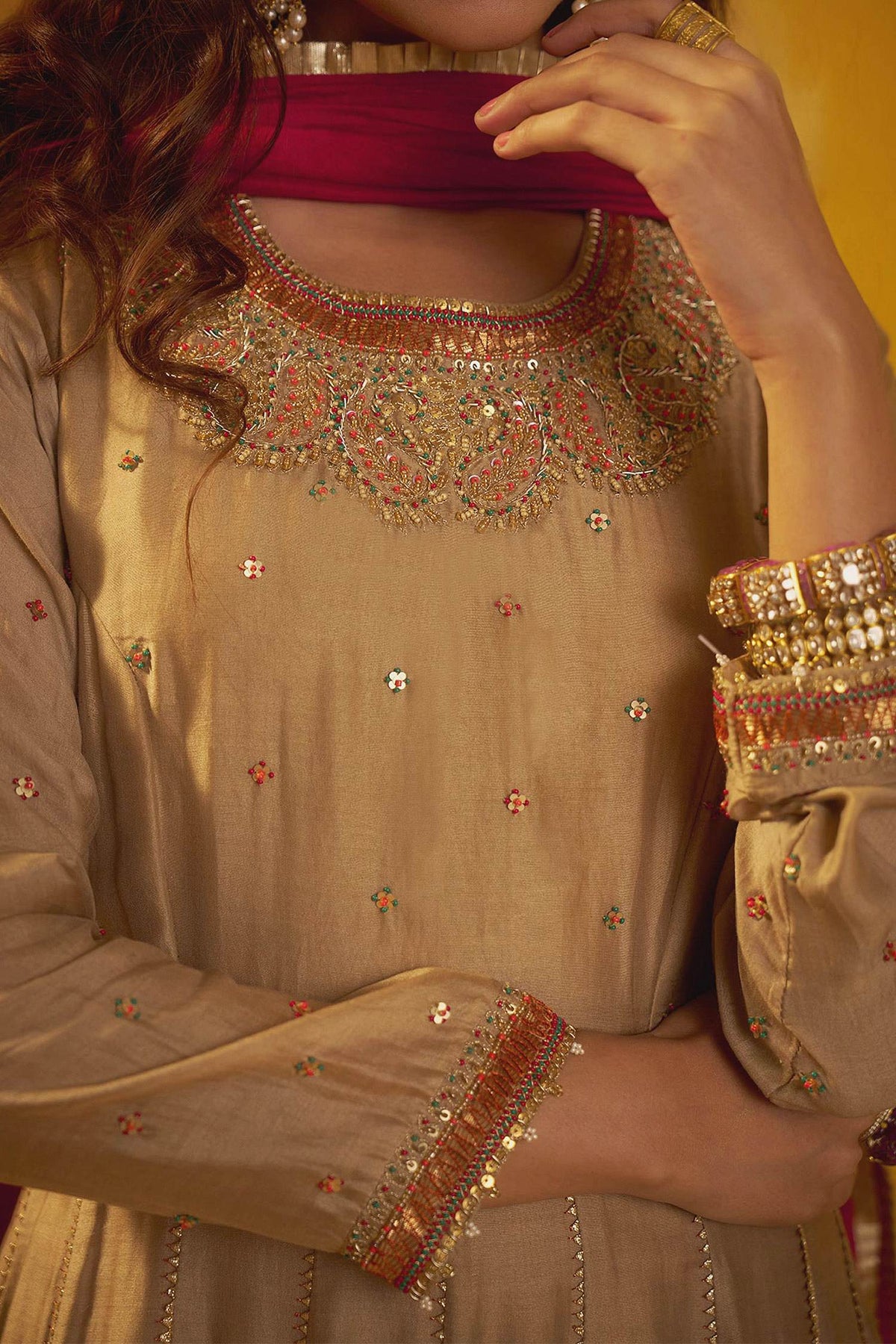 Shop Hirika & Dhruti Brown Moti Work Anarkali And Colorful Dupatta For Kids Online at Aza Fashions