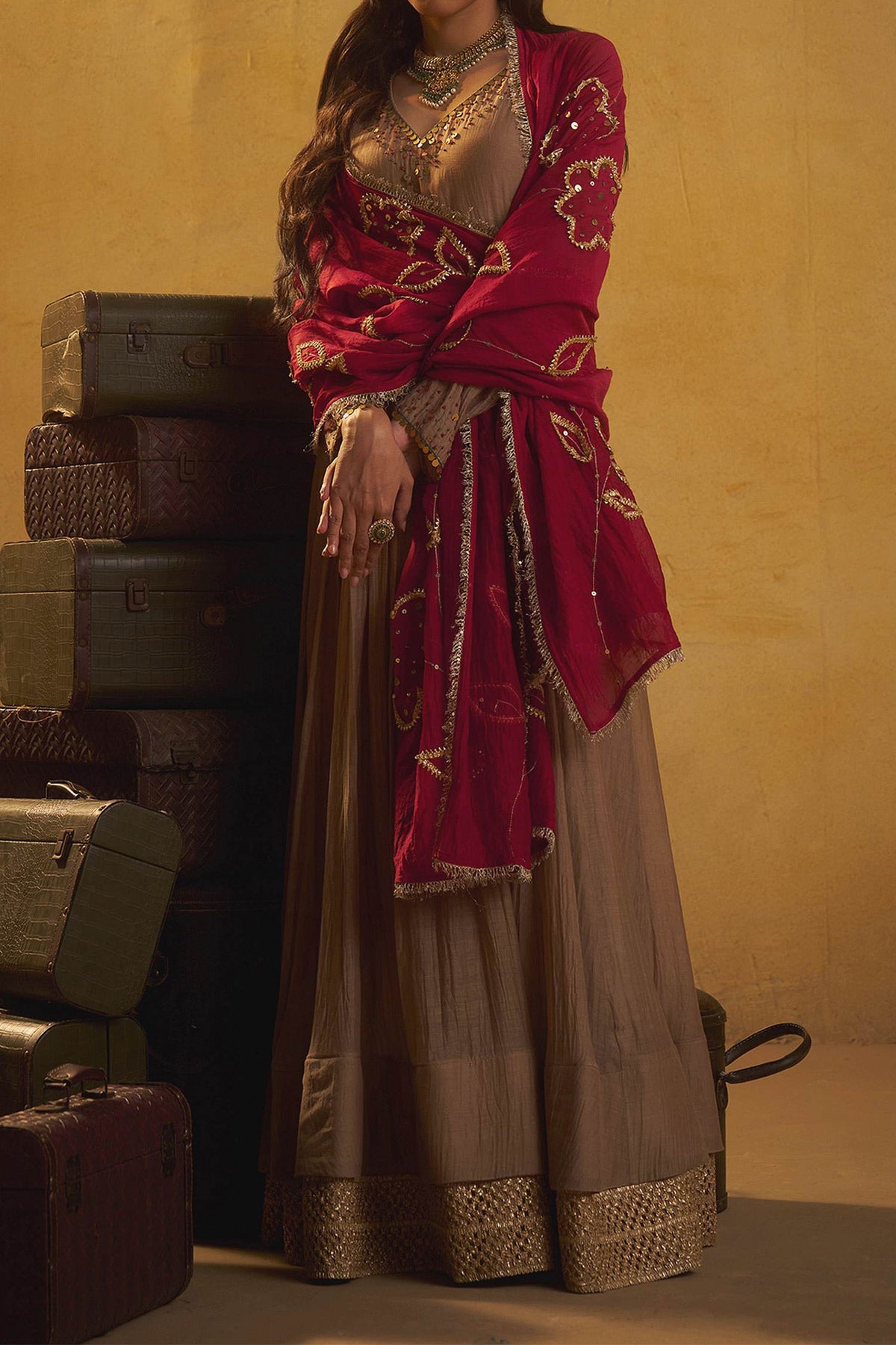 Shop Hirika & Dhruti Brown Tikki Pleated Anarkali And Jhal Dupatta For Kids Online at Aza Fashions