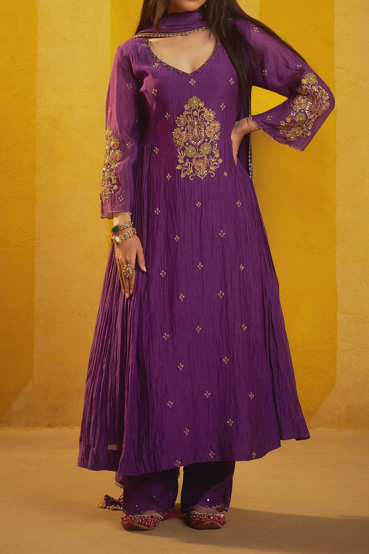 Hirika & Dhruti Purple Marodi Work Chanderi Kurta Pant And Dupatta Set For Kids at Aza Fashions