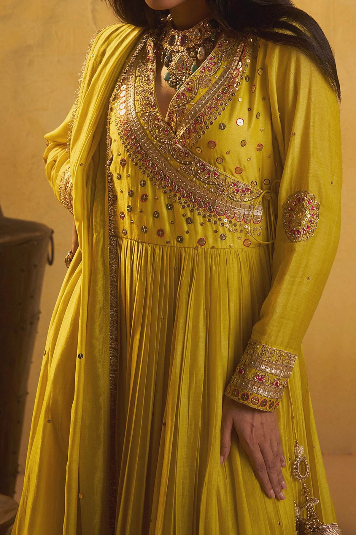 Buy Hirika & Dhruti Yellow Metal Tikki Work Angarkha Pant Set For Kids Online at Aza Fashions