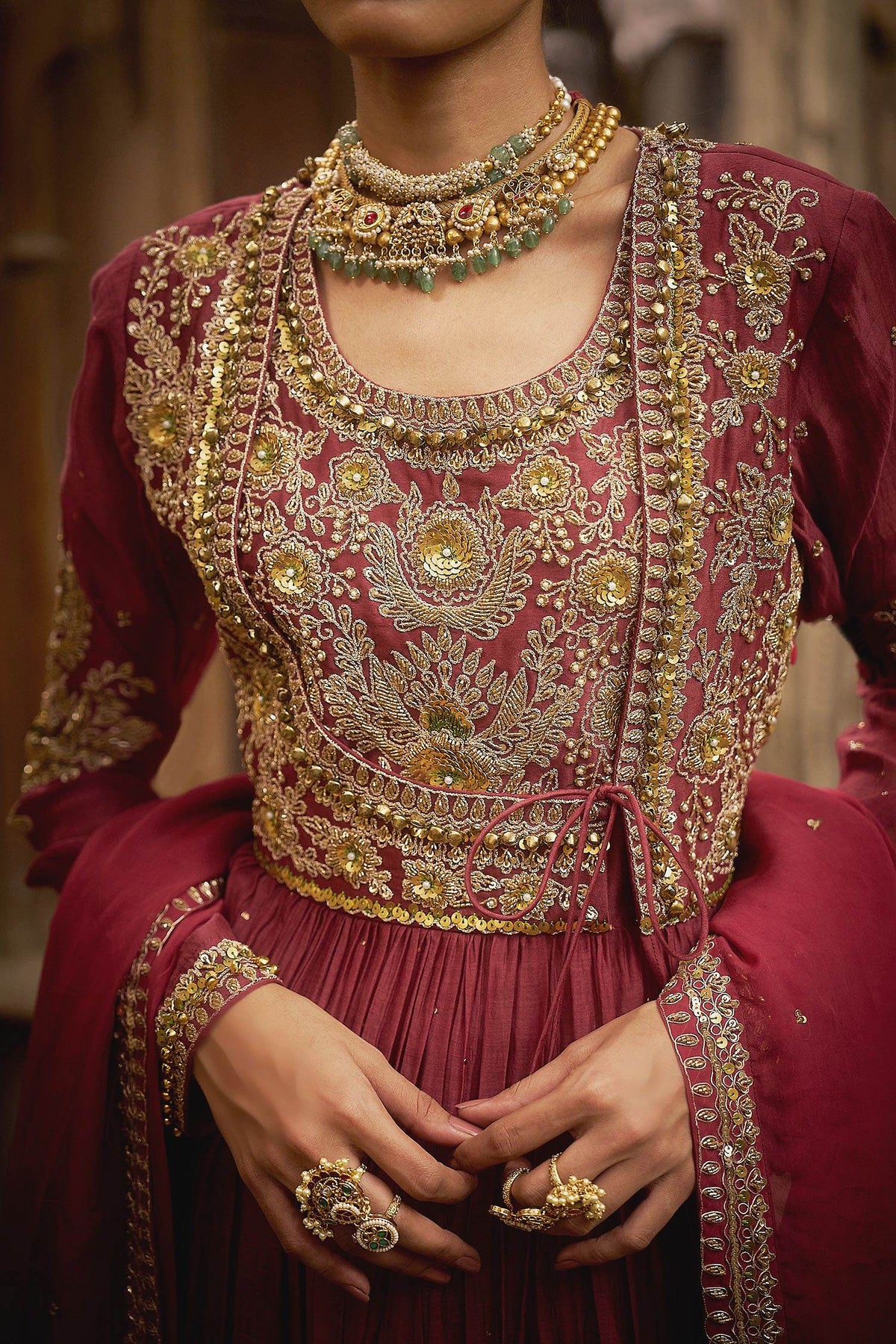 Hirika & Dhruti Burgundy Dori Embroidered Angarkha Anarkali Set For Kids Online at Aza Fashions
