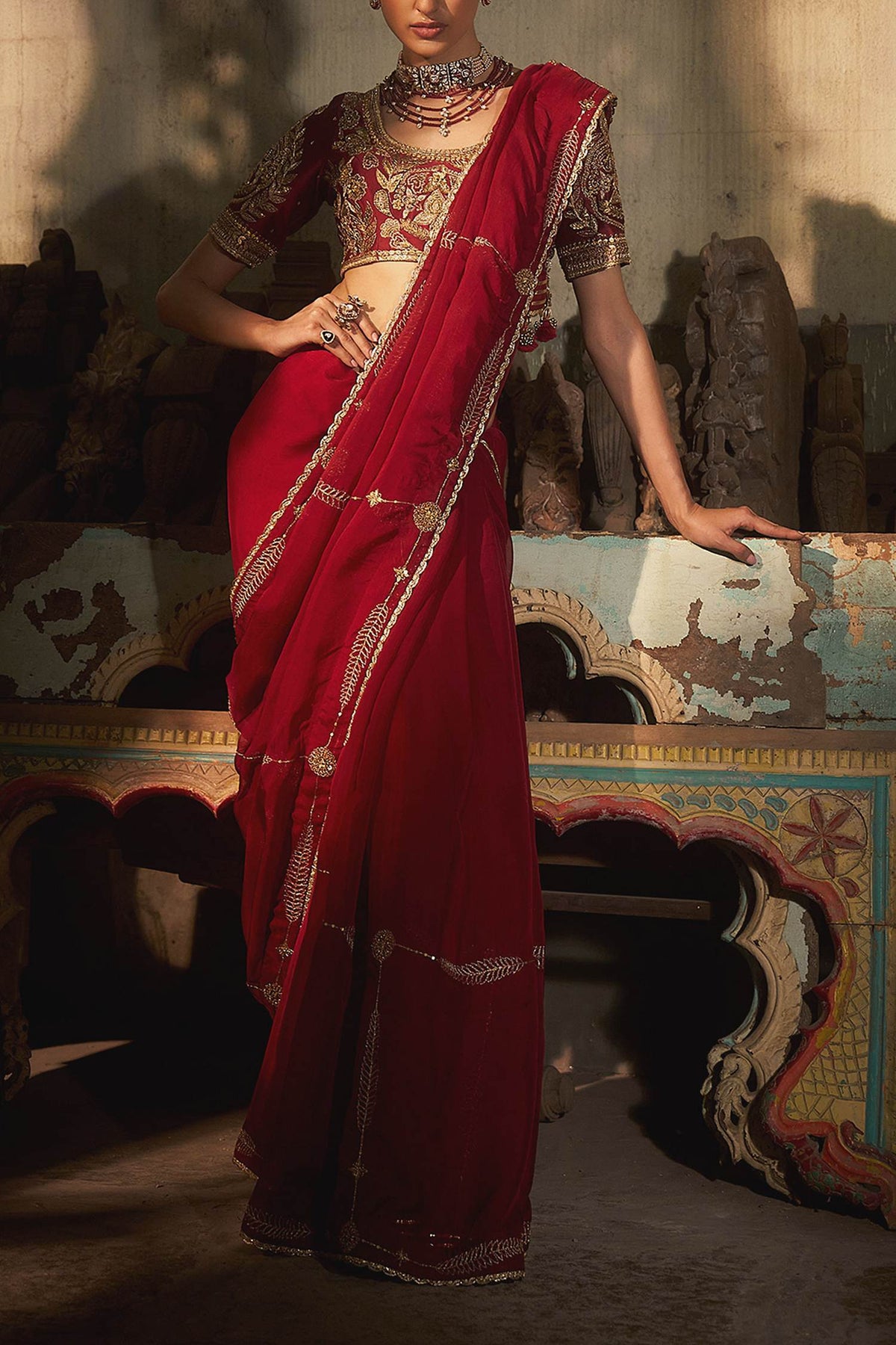 Buy Hirika & Dhruti Red Fankaar Hand Work Organza Saree And Blouse Set For Kids