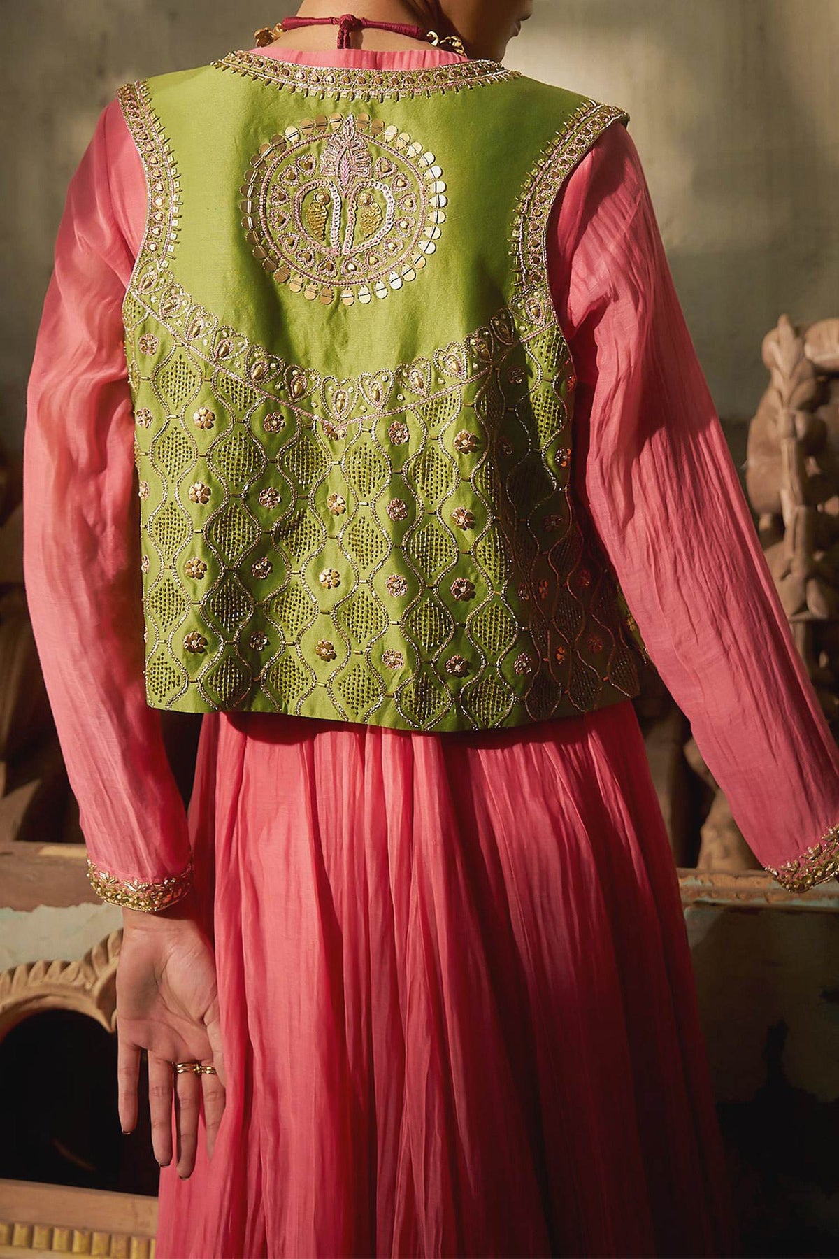 Hirika & Dhruti Peach Anarkali With Jharokha Work Jacket For Kids Online at Aza Fashions