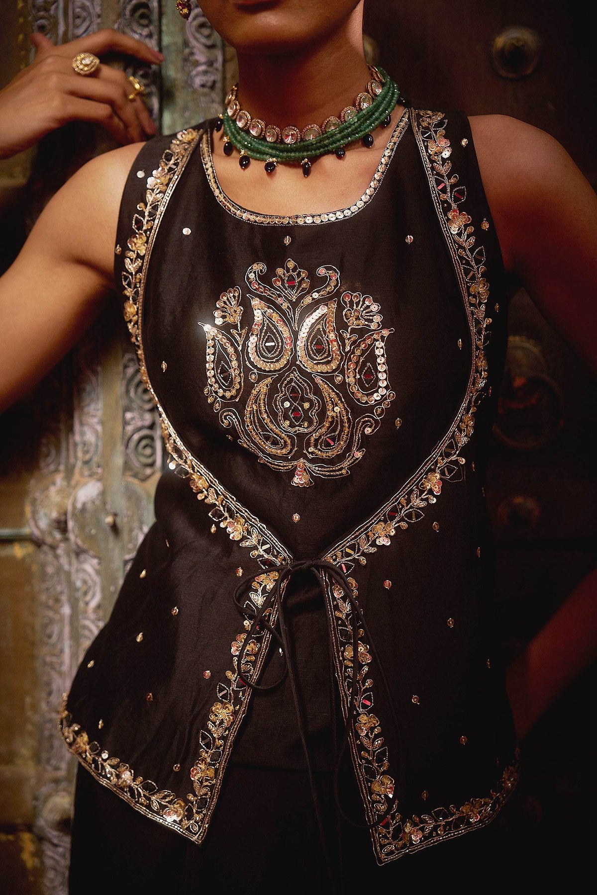 Hirika & Dhruti Black Marodi Work Layered Top And Draped Skirt Set For Kids at Aza Fashions