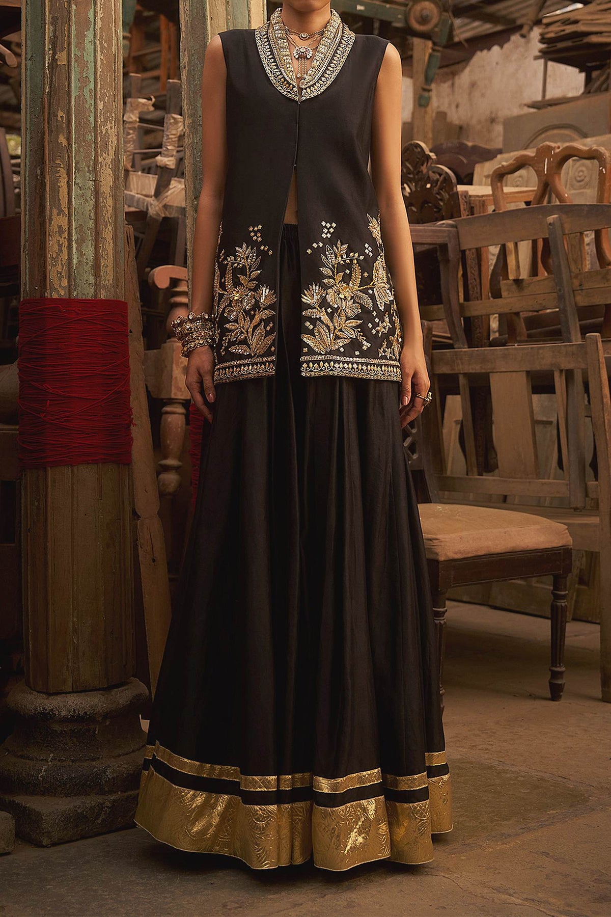 Hirika & Dhruti Black Hand Embroidered Jacket And Kali Sharara Set For Kids Online at Aza Fashions