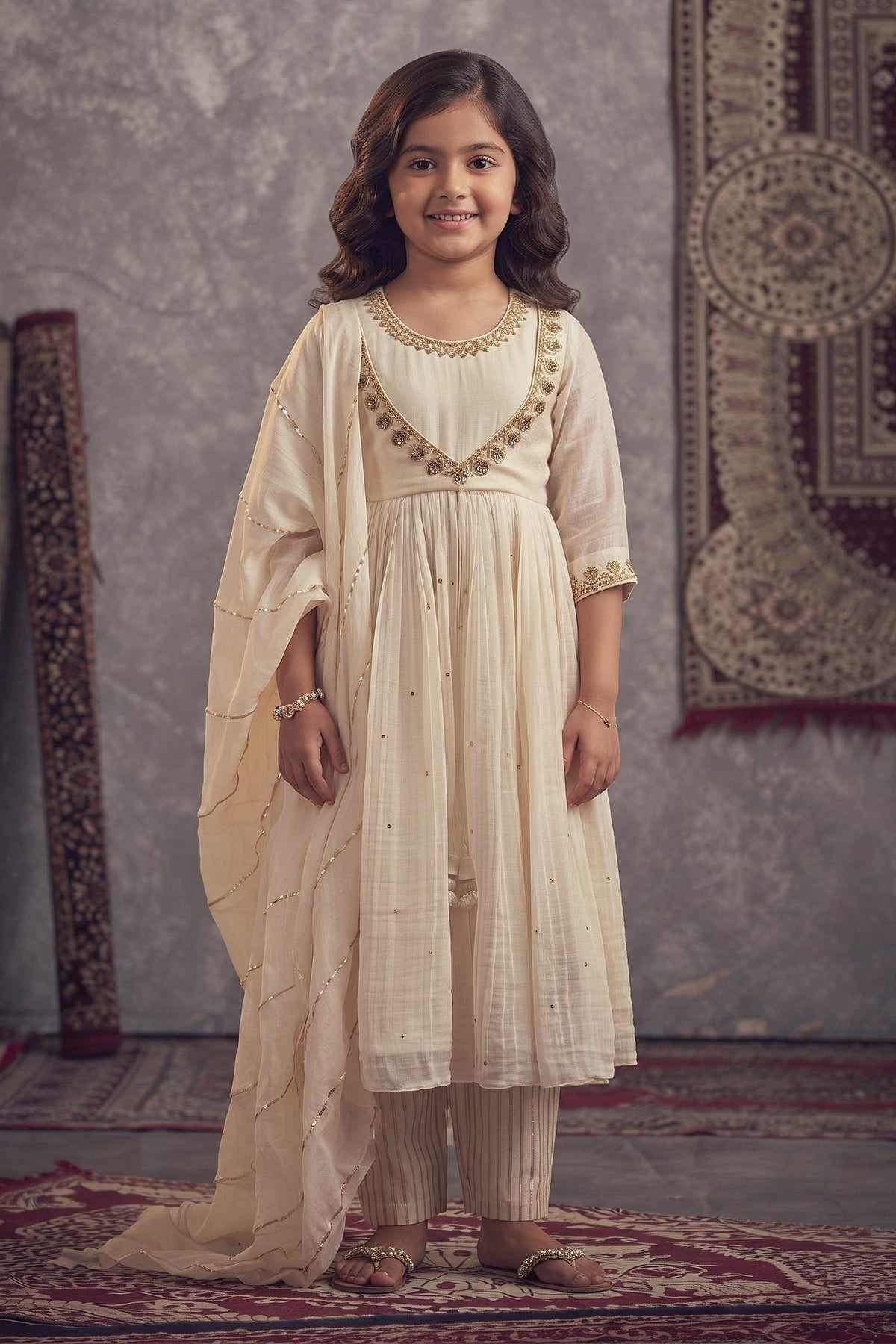 Buy Hirika & Dhruti Ivory Cotton, Organza, Chanderi, Inner Lining Hand Embroidered Anarkali Set For Kids at Aza Fashions