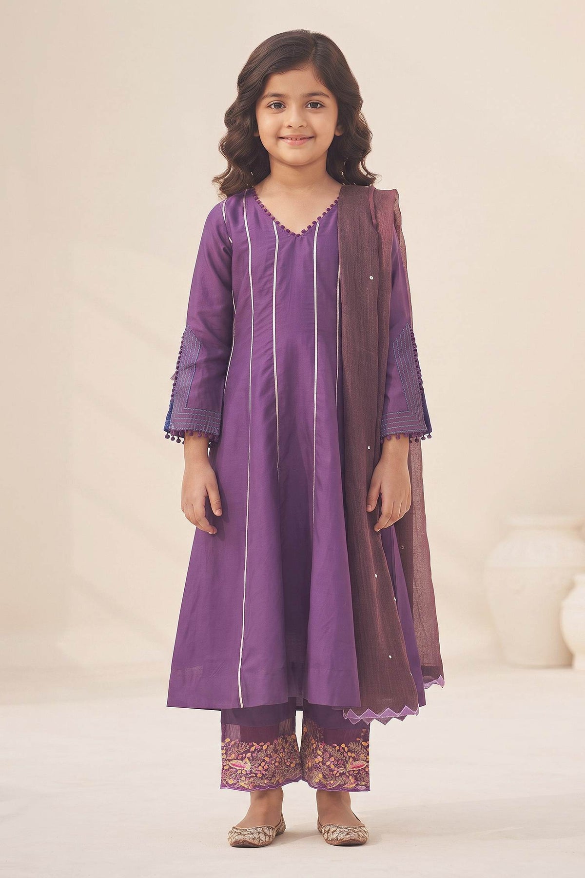 Buy Hirika & Dhruti Purple Dupatta Organza, Inner Lining Crepe, Kurta And Zari Pattern Anarkali Set For Kids at Aza Fashions