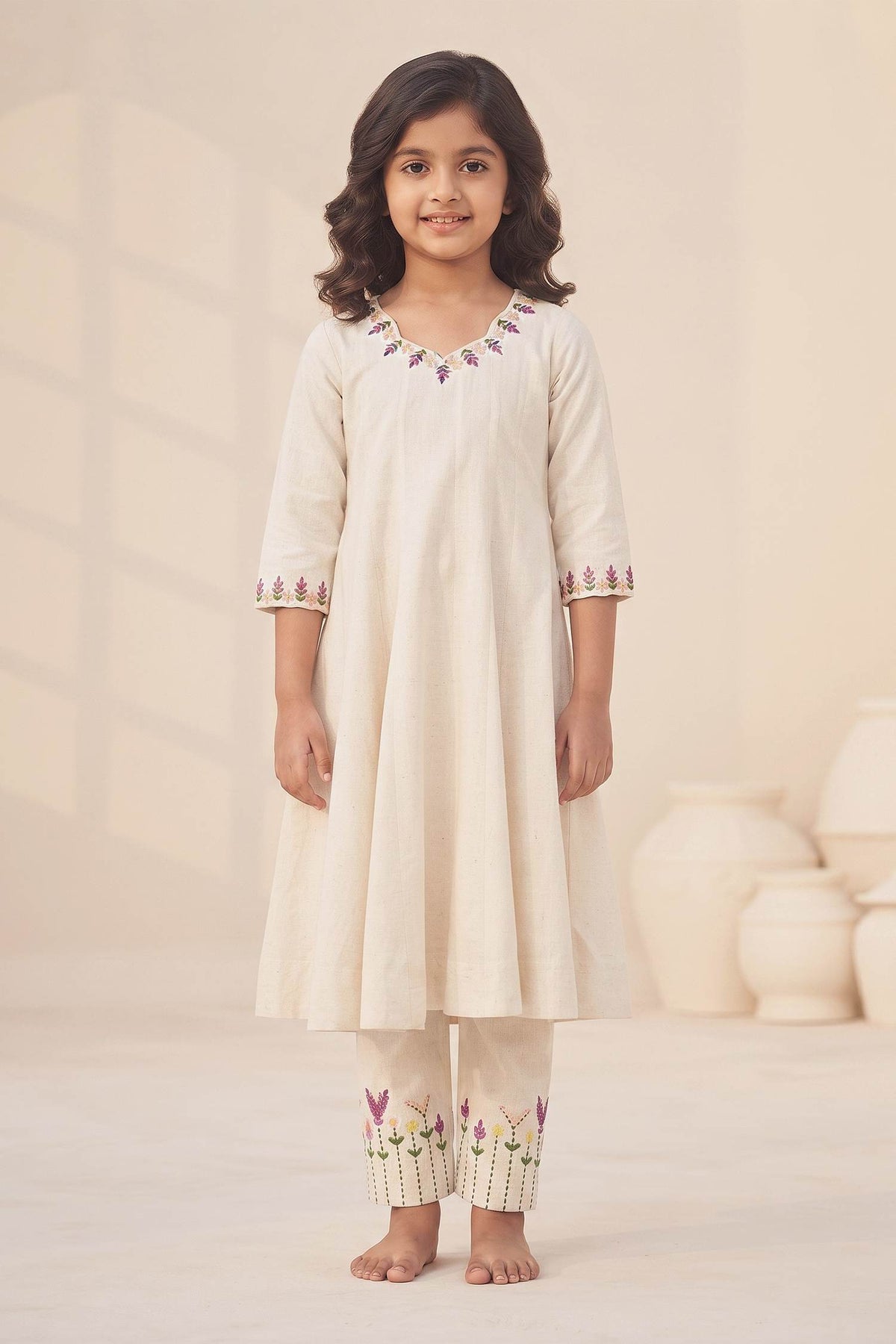 Buy Hirika & Dhruti Ivory Handloom Cotton Floral Anarkali And Pant Set For Kids at Aza Fashions