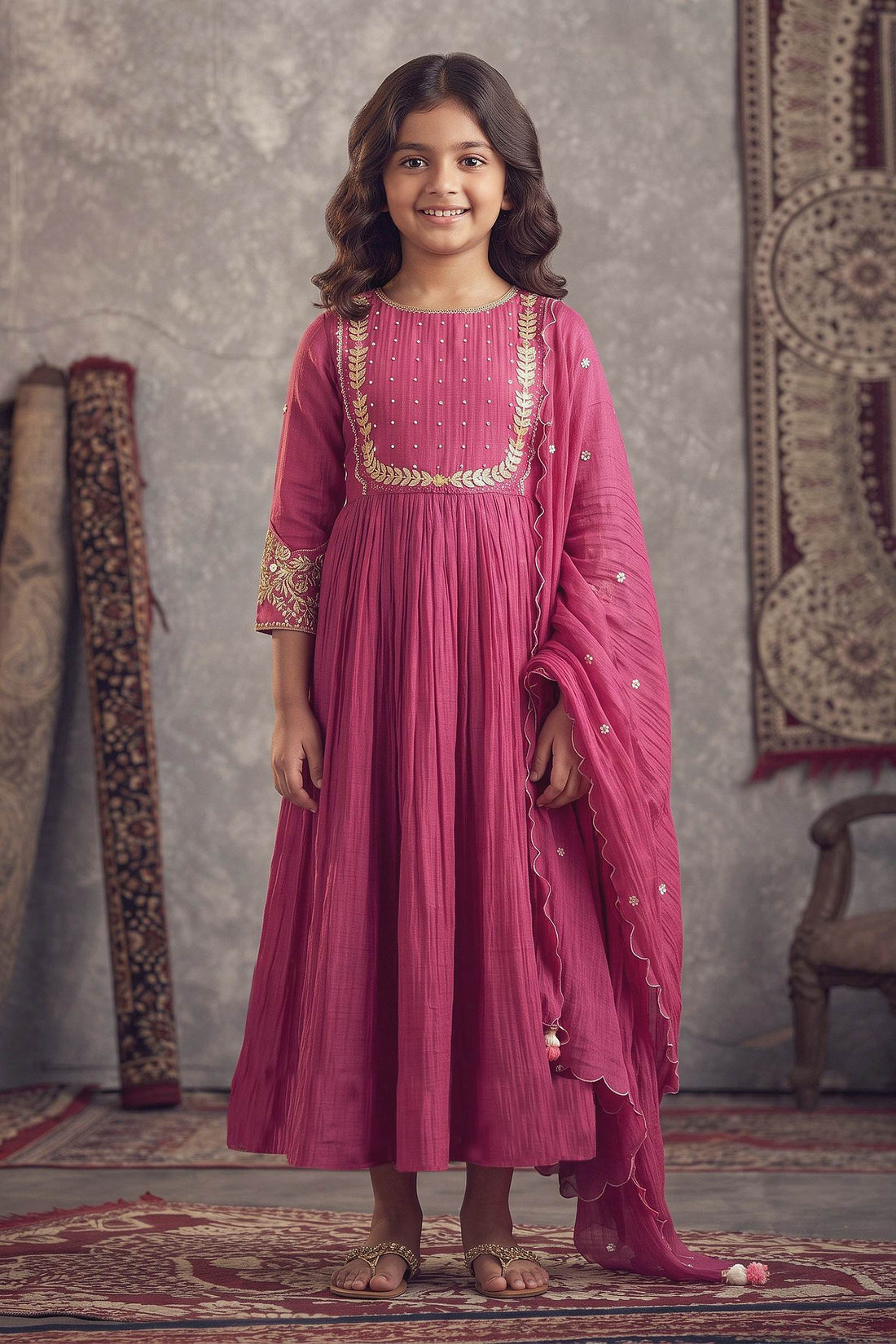 Shop Hirika & Dhruti Pink Chanderi Thread And Sequin Work Hand Embroidered Anarkali With Dupatta For Kids at Aza Fashions