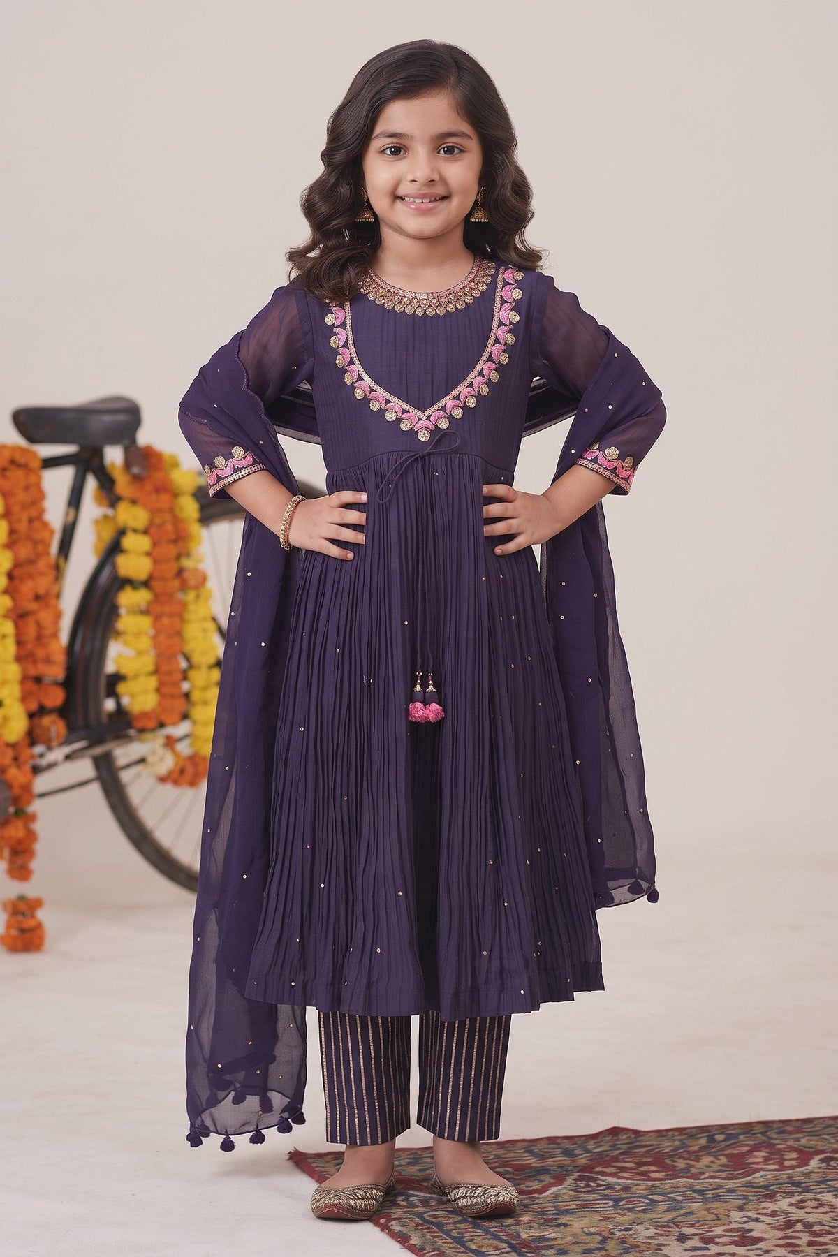 Buy Hirika & Dhruti Purple Dupatta Organza, Pant Cotton, Anarkali Tulip Embroidered Pleated Set For Kids at Aza Fashions