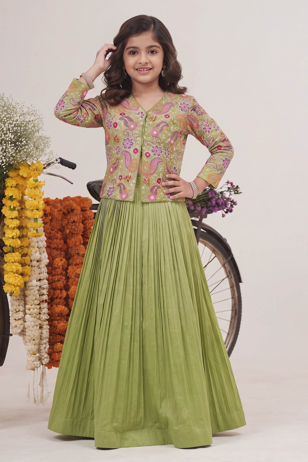 Buy Hirika & Dhruti Green Silk Chanderi Sequin, Beads Bloom Embroidered Jacket Blouse With Lehenga For Kids at Aza Fashions