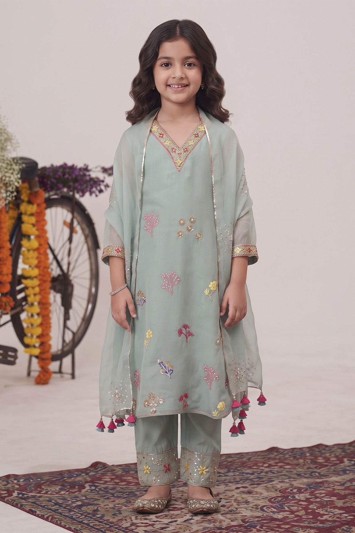 Buy Hirika & Dhruti Green Dupatta Organza, Pant Cotton, Kurta Gajji Silk Floral Garden Set For Kids at Aza Fashions