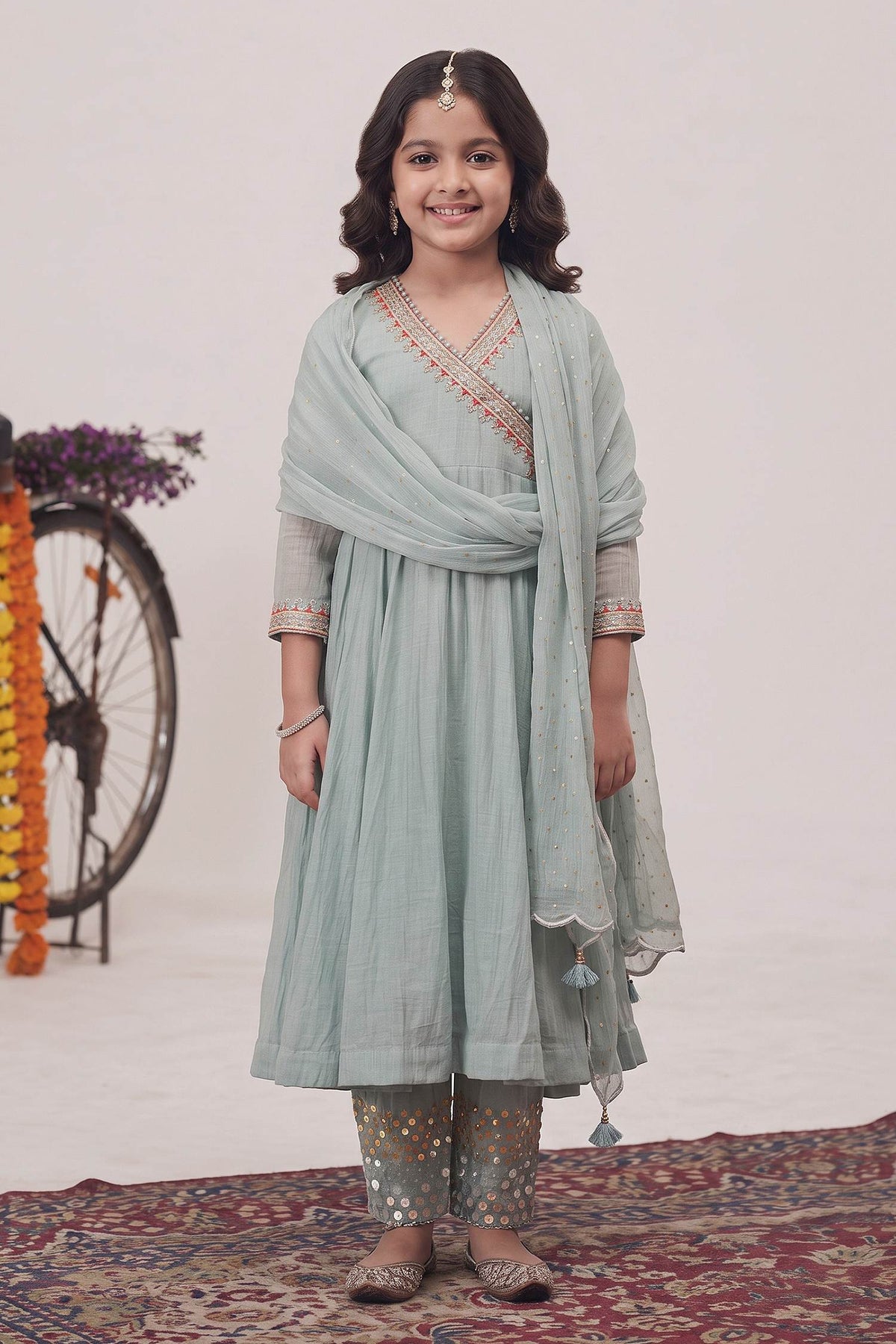 Buy Hirika & Dhruti Blue Malai Chanderi Sequin, Thread And Embroidered Angarkha Pant Set For Kids at Aza Fashions
