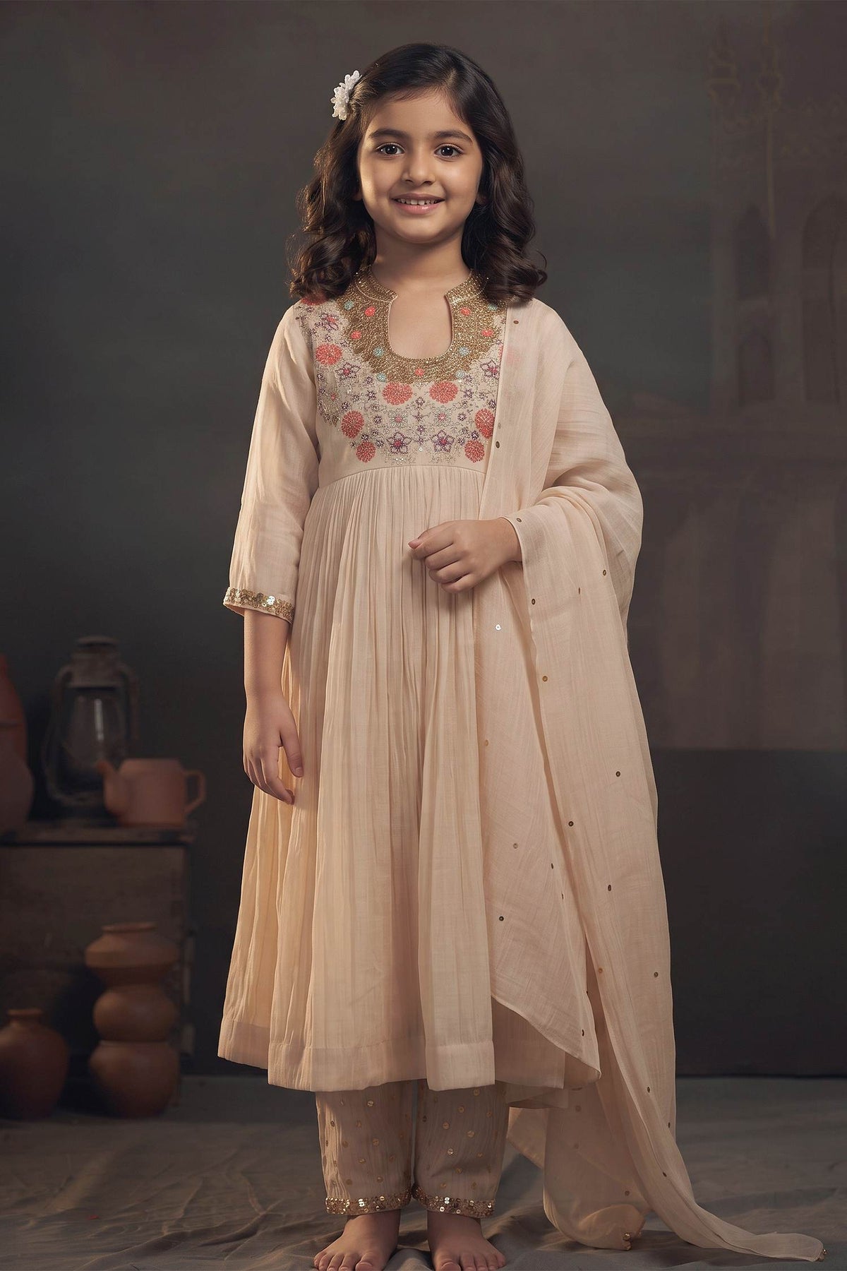 Buy Hirika & Dhruti Beige Chanderi Sequins, Thread, Flowers Embroidered Anarkali Pant Set For Kids at Aza Fashions