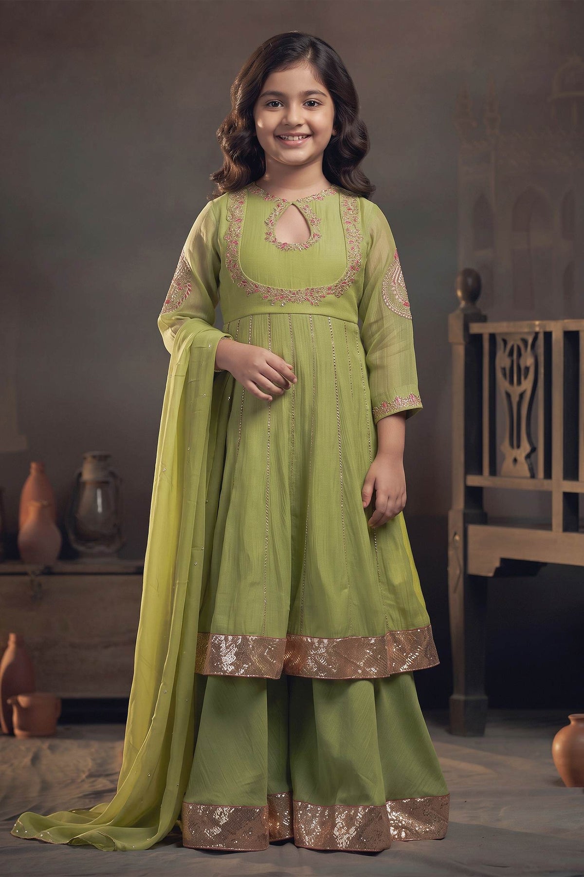 Buy Hirika & Dhruti Green Organza, Chanderi Floral, Sequins, Embroidered Kali Kurta Sharara Set For Kids at Aza Fashions