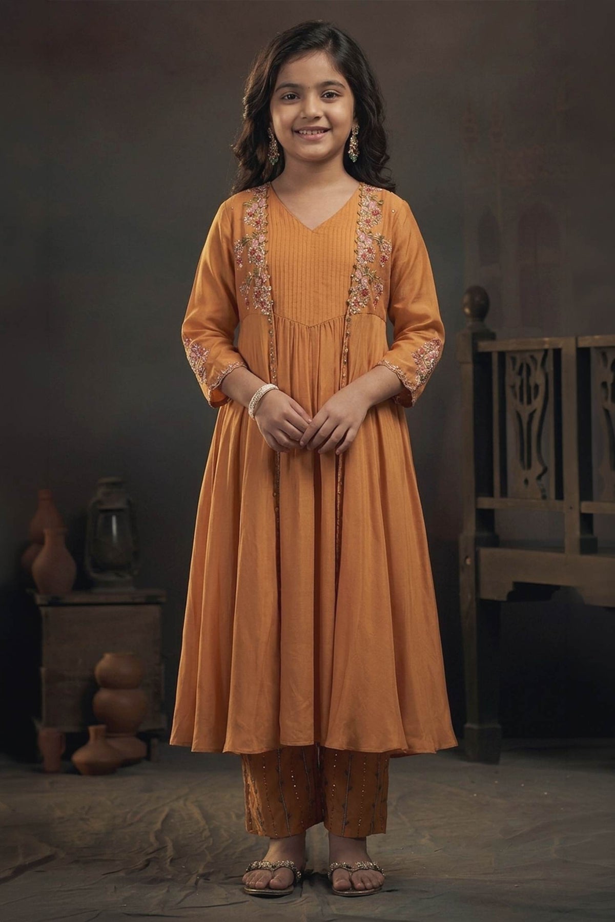 Buy Hirika & Dhruti Yellow Cotton Silk Floral, Sequins, Thread Embroidered Jacket Kurta And Pant Set For Kids at Aza Fashions