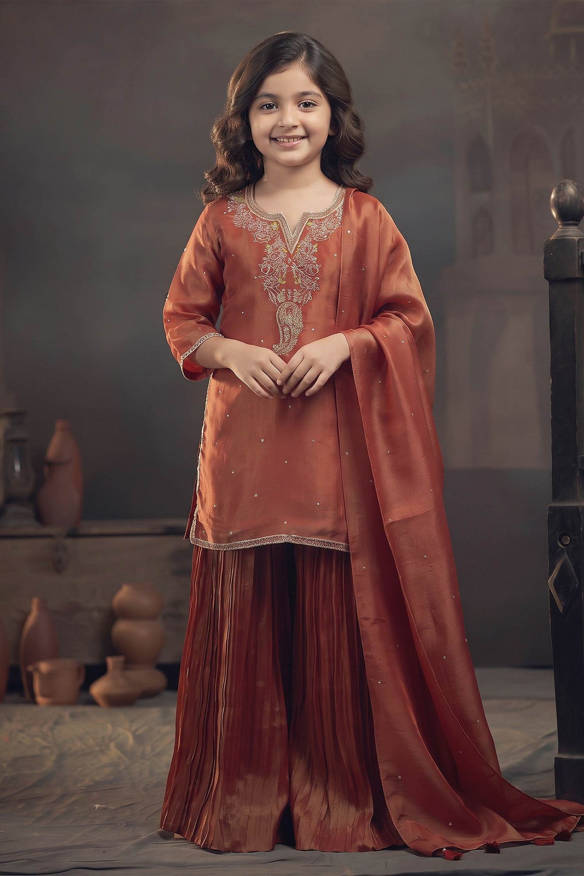 Buy Hirika & Dhruti Orange Tissue Pita, Rose Embroidered Kurta Sharara Set For Kids at Aza Fashions