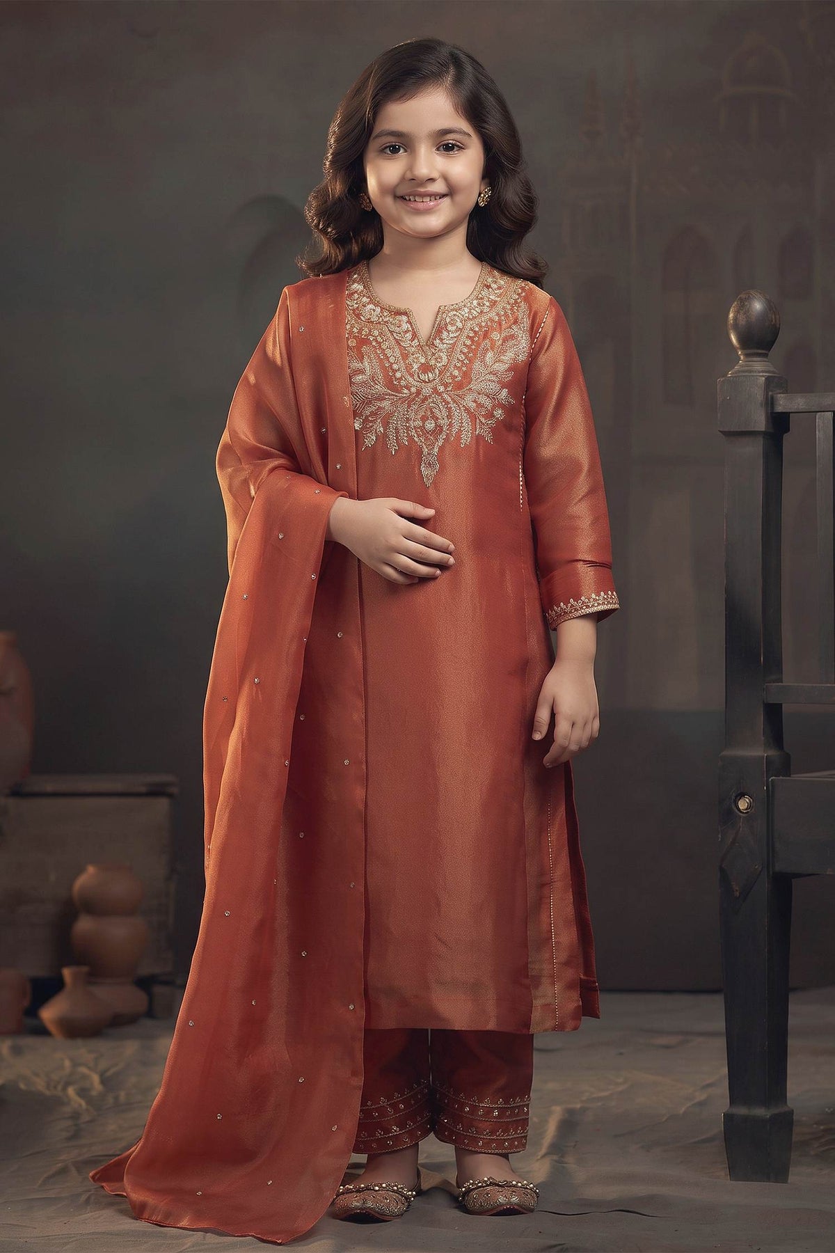 Buy Hirika & Dhruti Orange Tissue Zardozi Embroidered Kurta Pant Set For Kids at Aza Fashions