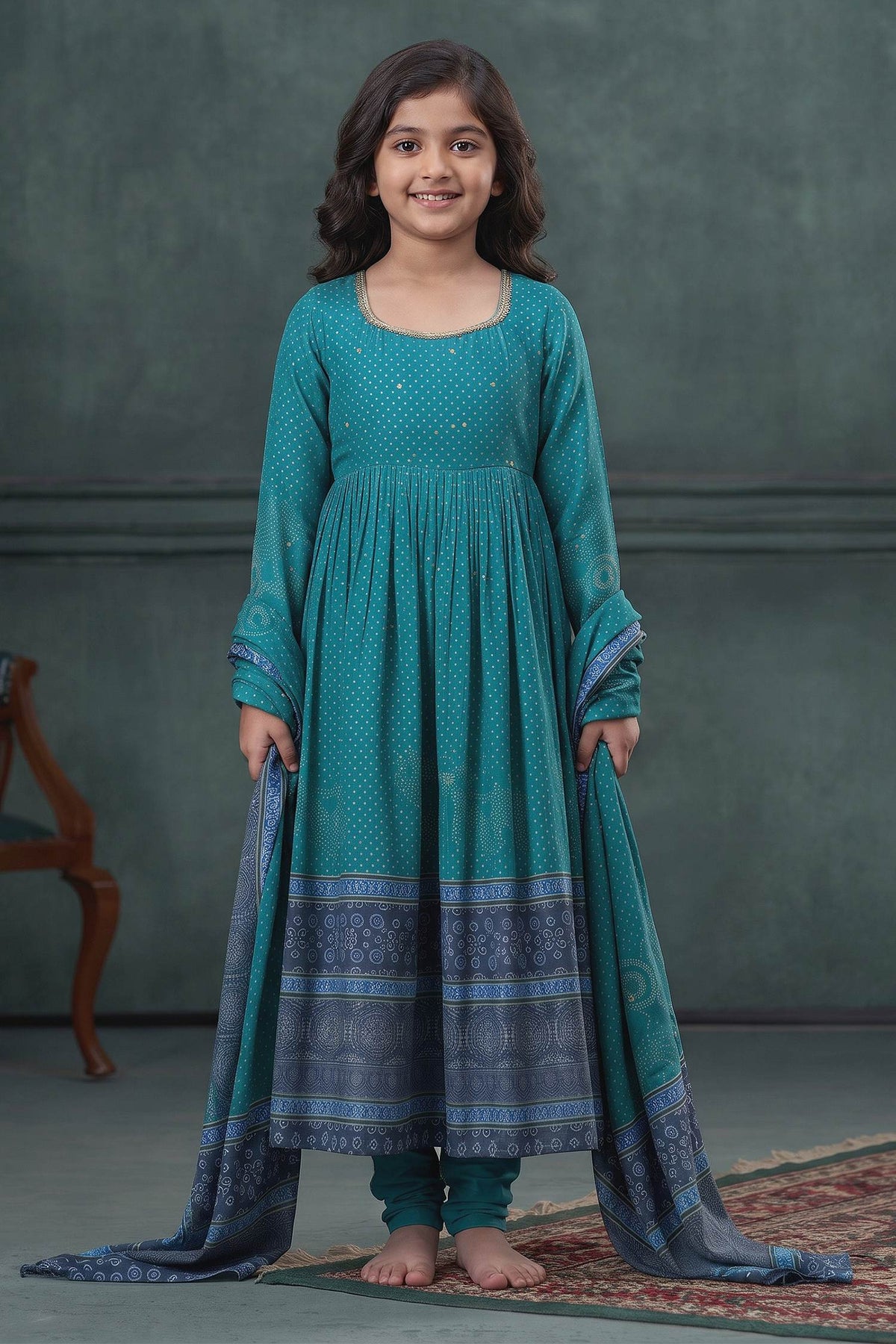 Buy Hirika & Dhruti Blue Churidar Lycra Stretch, Anarkali And Dupatta Cotton Print Set For Kids at Aza Fashions