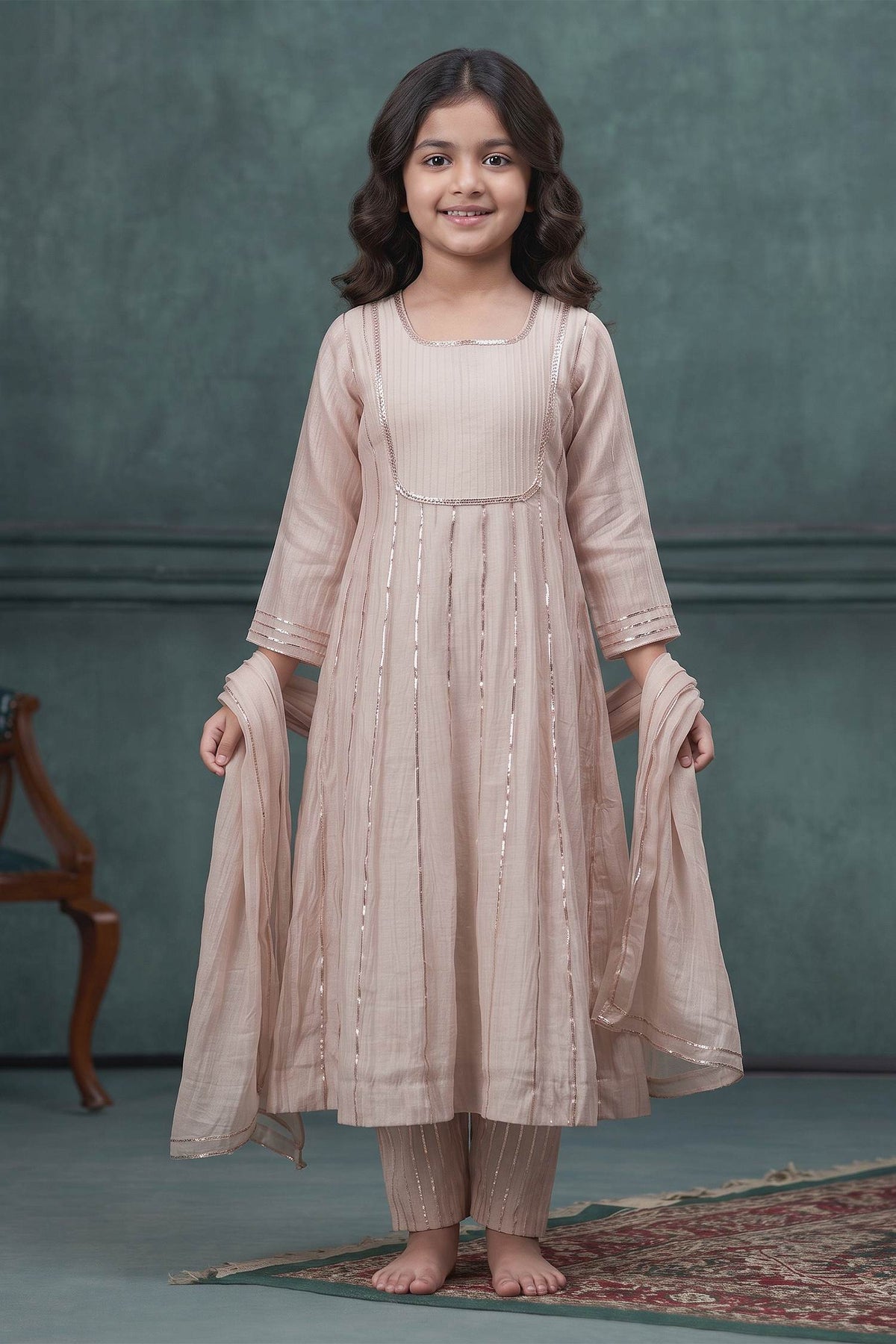 Buy Hirika & Dhruti Beige Chanderi Gota Lace Hand Embroidered Kurta Set For Kids at Aza Fashions