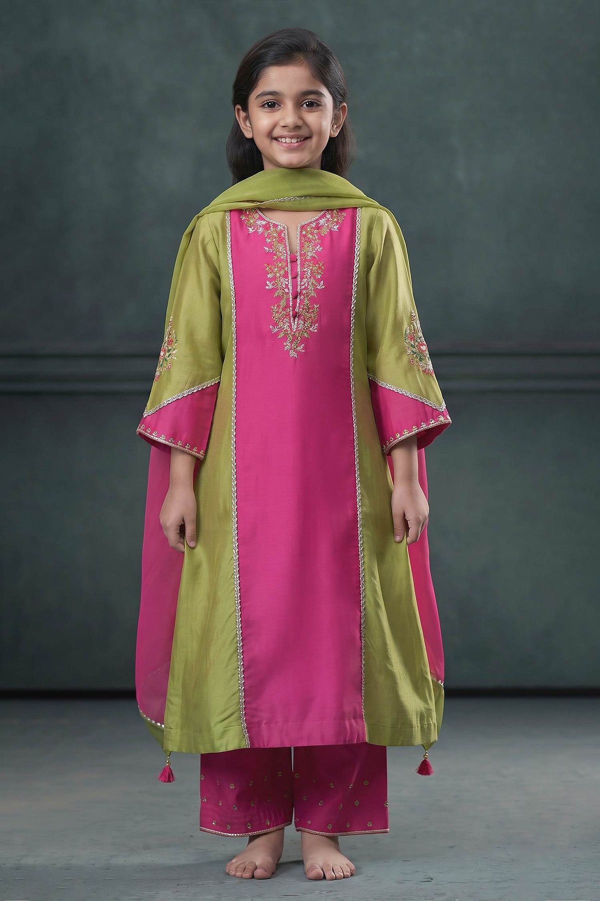 Buy Hirika & Dhruti Green Dupatta Organza, Kurta Silk, Pant Cotton Floral Embroidered Set For Kids at Aza Fashions