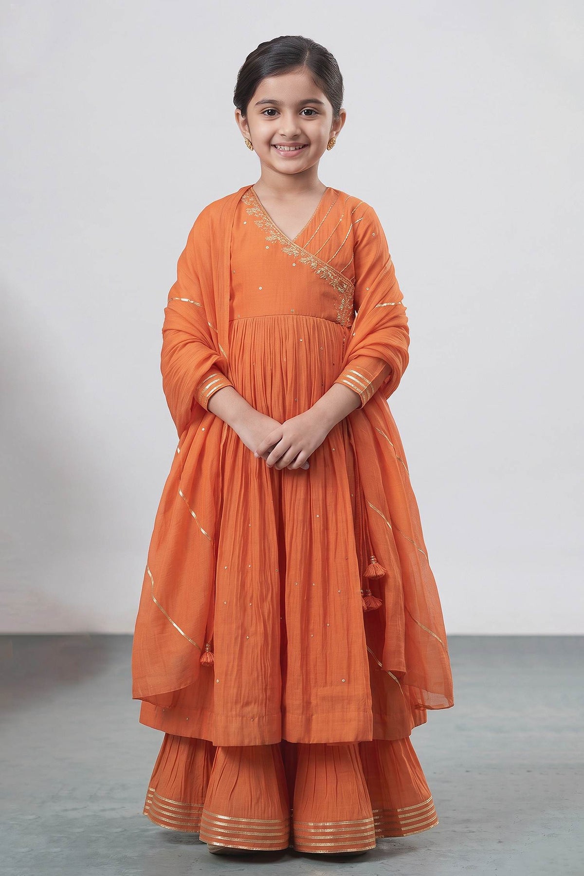 Hirika & Dhruti Orange Chanderi Tikki Embroidered Anagrakha Anarkali Sharara Set For Kids