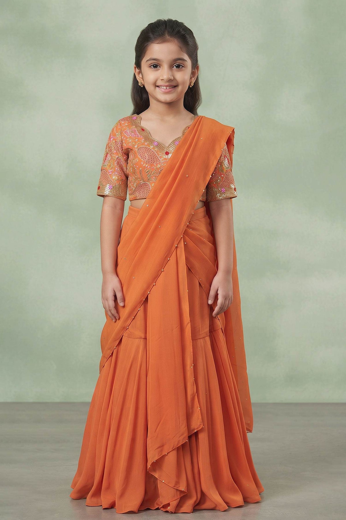 Buy Hirika & Dhruti Orange Ghagra And Blouse Cotton Silk, Drape Embroidered Pre-draped Saree Set For Kids at Aza Fashions