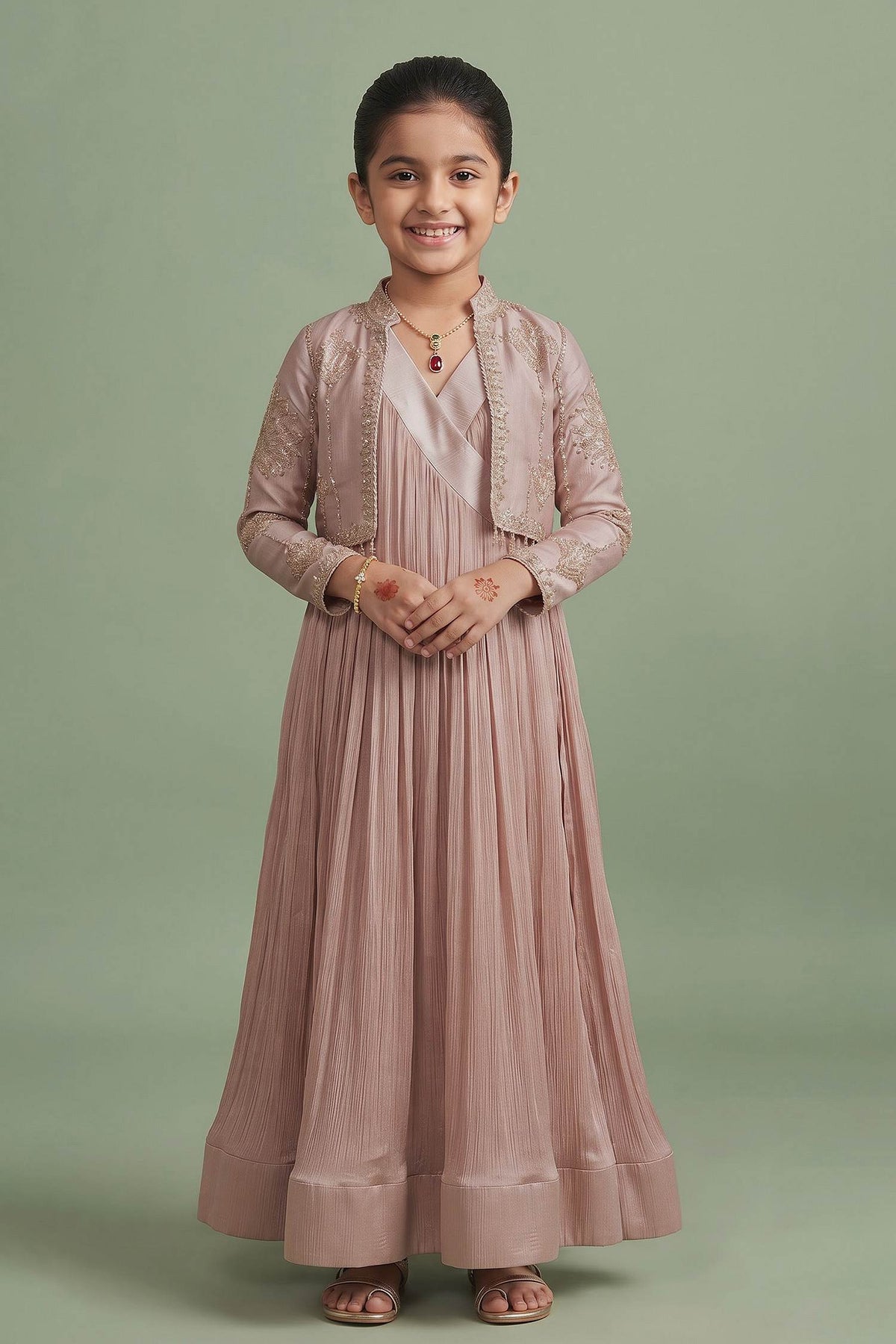 Buy Hirika & Dhruti Beige Pleated Anarkali With Embroidered Jacket For Kids at Aza Fashions