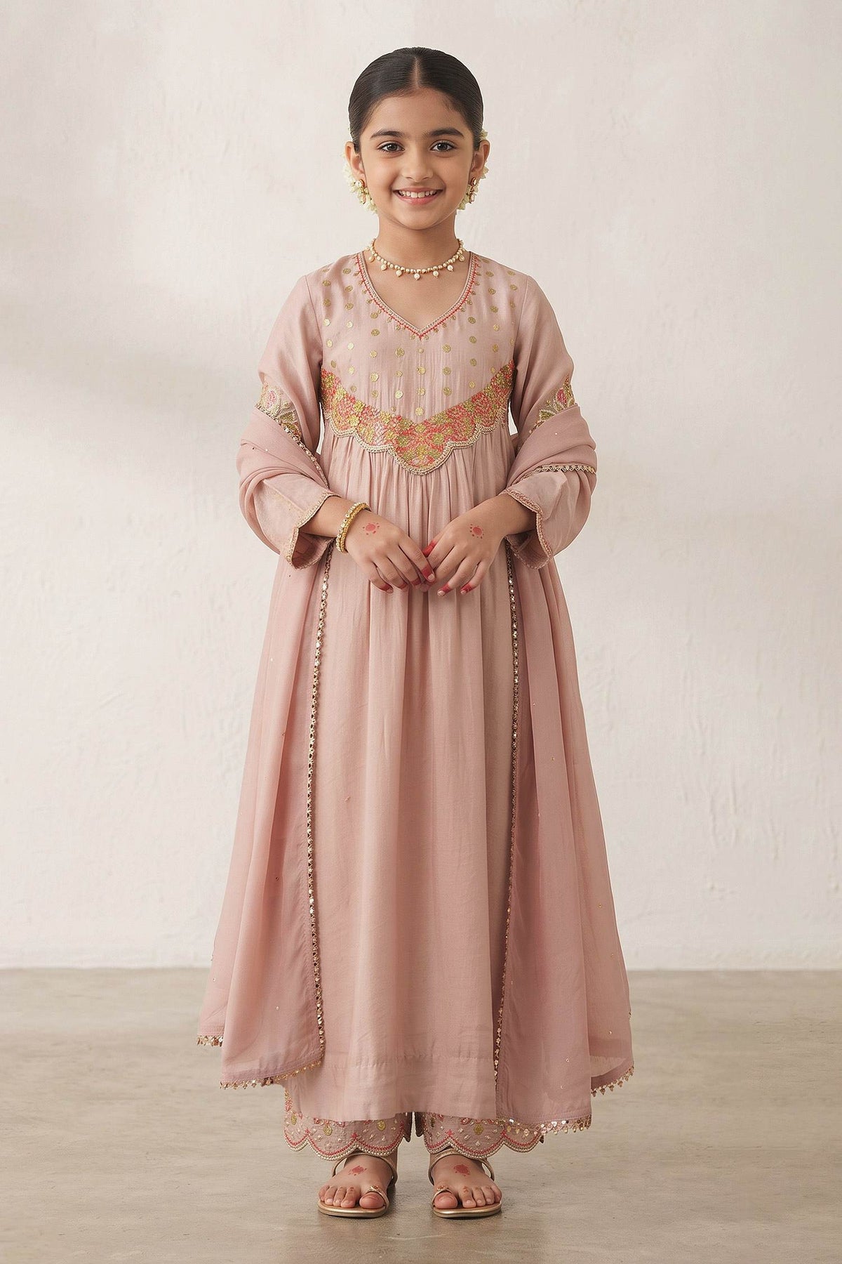Buy Hirika & Dhruti Beige Metal Tikki Work Kurta Set For Kids at Aza Fashions
