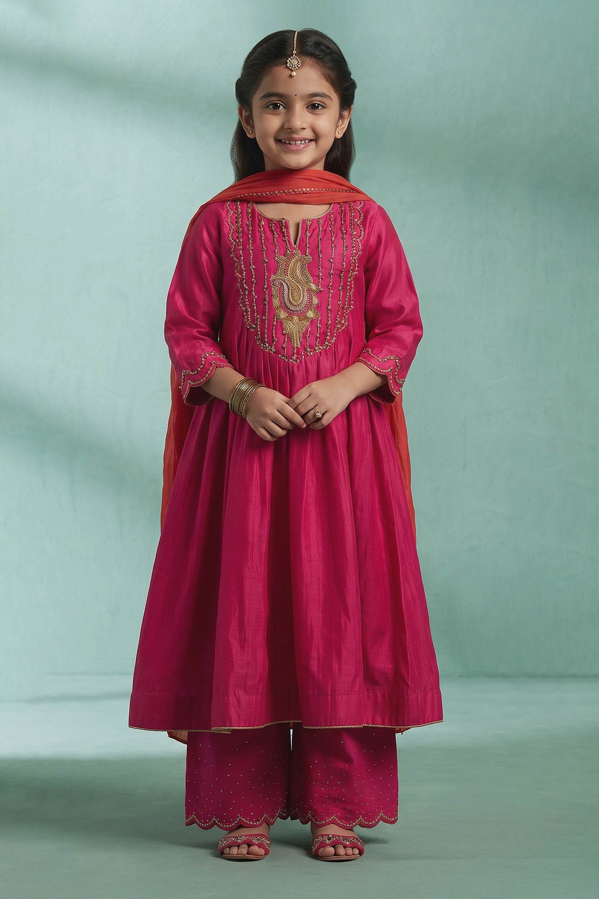 Buy Hirika & Dhruti Orange Hand Embroidered Kurta Set With Dupatta For Kids at Aza Fashions