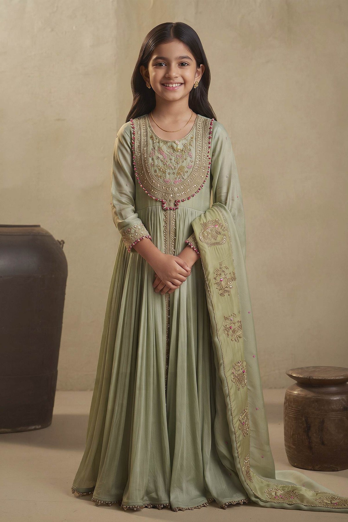 Hirika & Dhruti Green Zardosi Tikki Embroidered Anarkali And Dupatta For Kids
